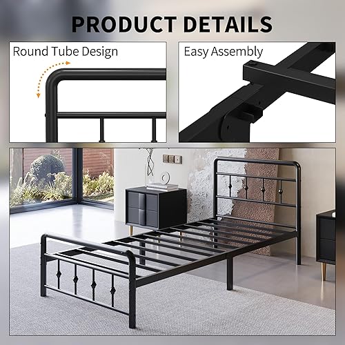 Miniatura 3 de Armazón de cama individual de 12 pulgadas con cabecero y pie de cama vintage victorianos, no necesita somier, base de colchón de metal resistente,