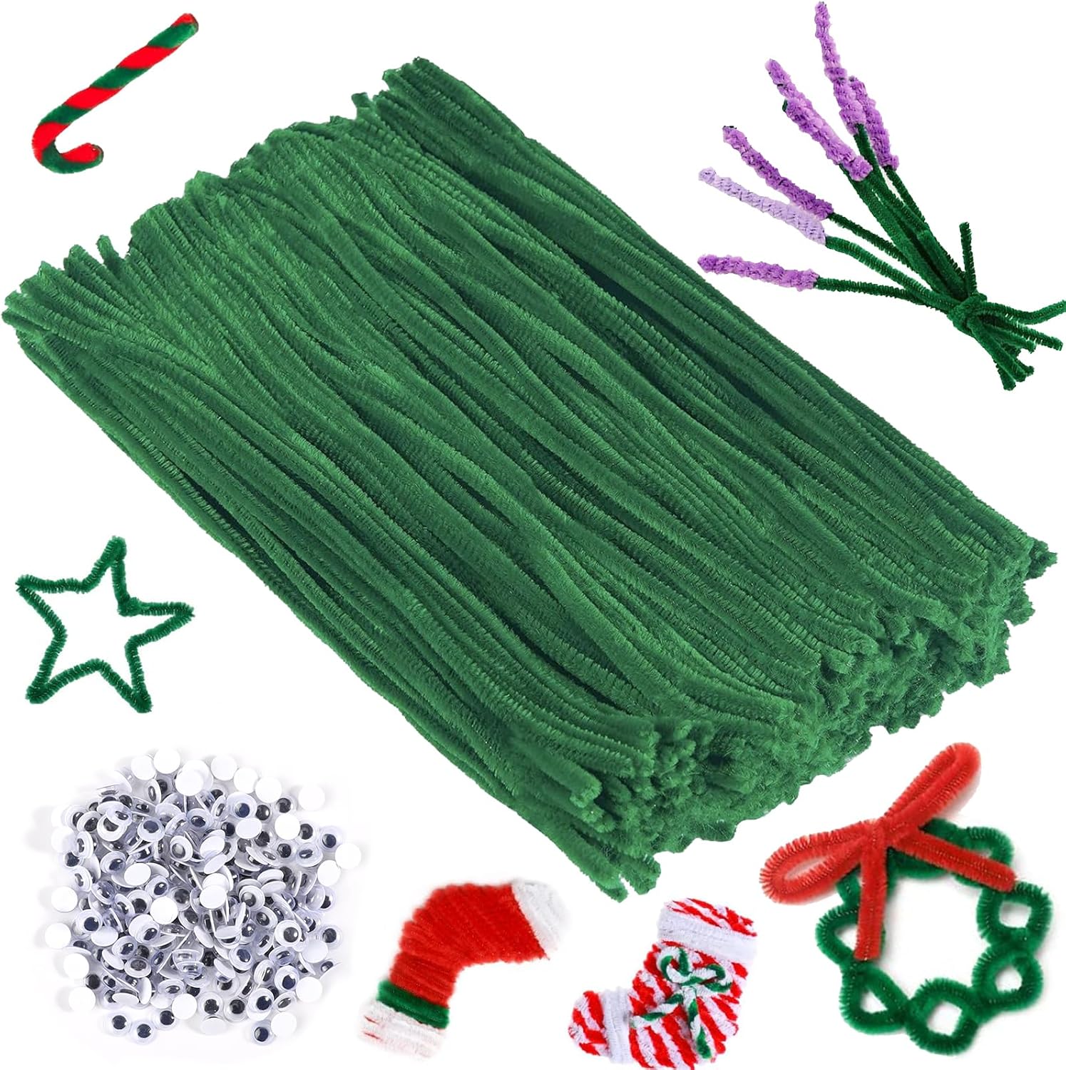 300pcs Christmas Green Pipe Cleaners and selfAdhesive