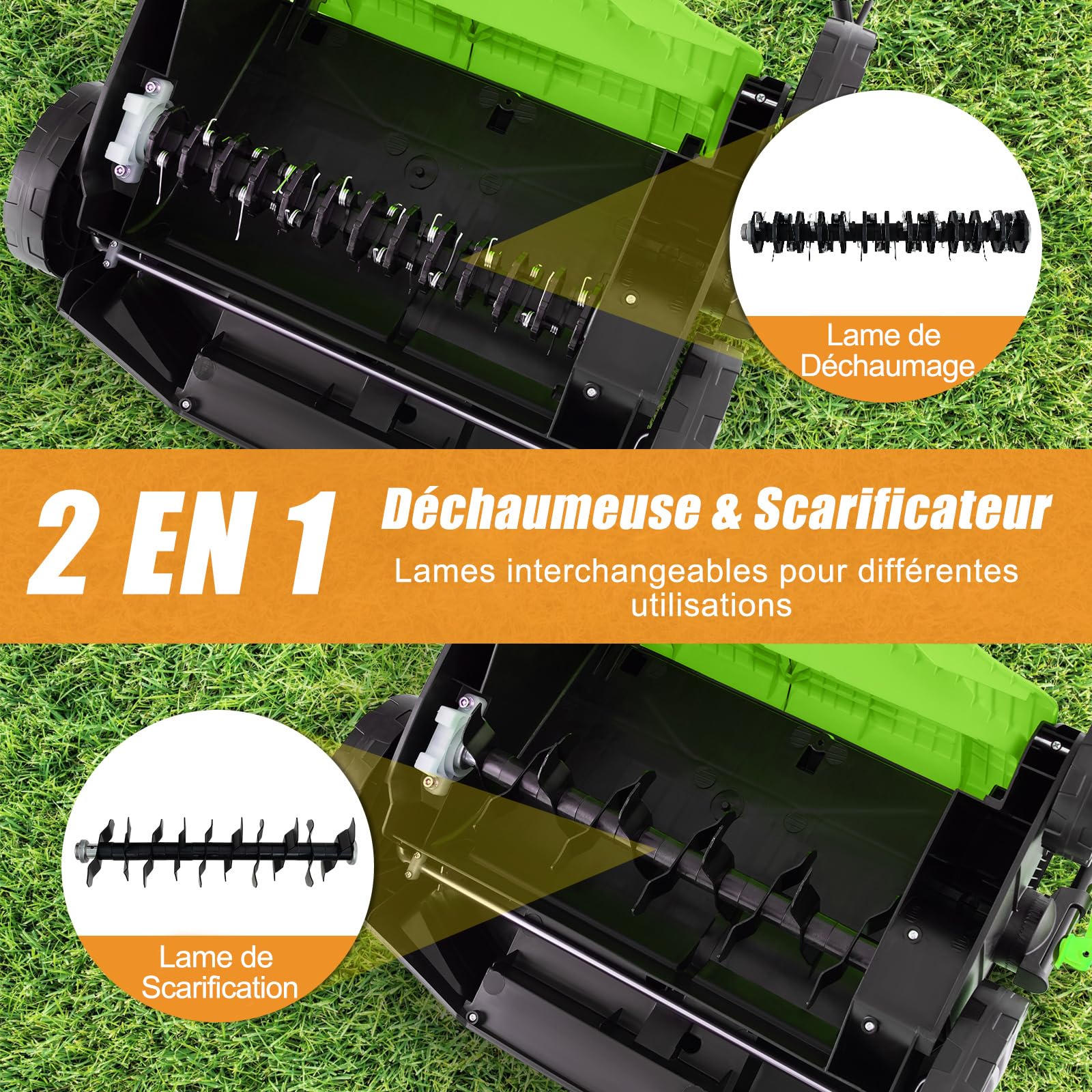 COSTWAY Scarificateur et Aérateur Électrique Filaire 2 en 1 de 2000 W 3500rpm, 2 Lames Largeur de Travail 40 cm avec Réglable à 5 Positions Sac de Ramassage 55 L, pour Pelouses 800 m² (Vert)