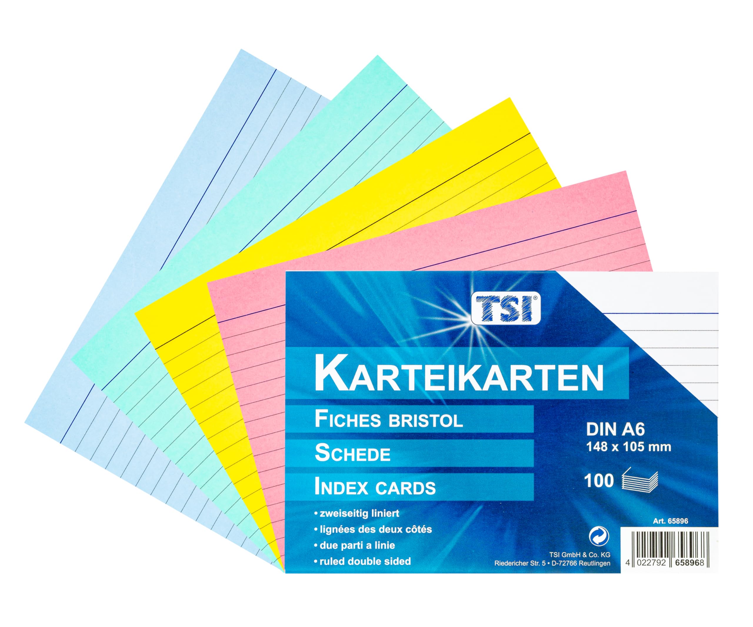 TSI Index Cards Assorted Colours, Pack of 100, Lined, Size: DIN A6 (148 x 105 mm), Item No. 65896