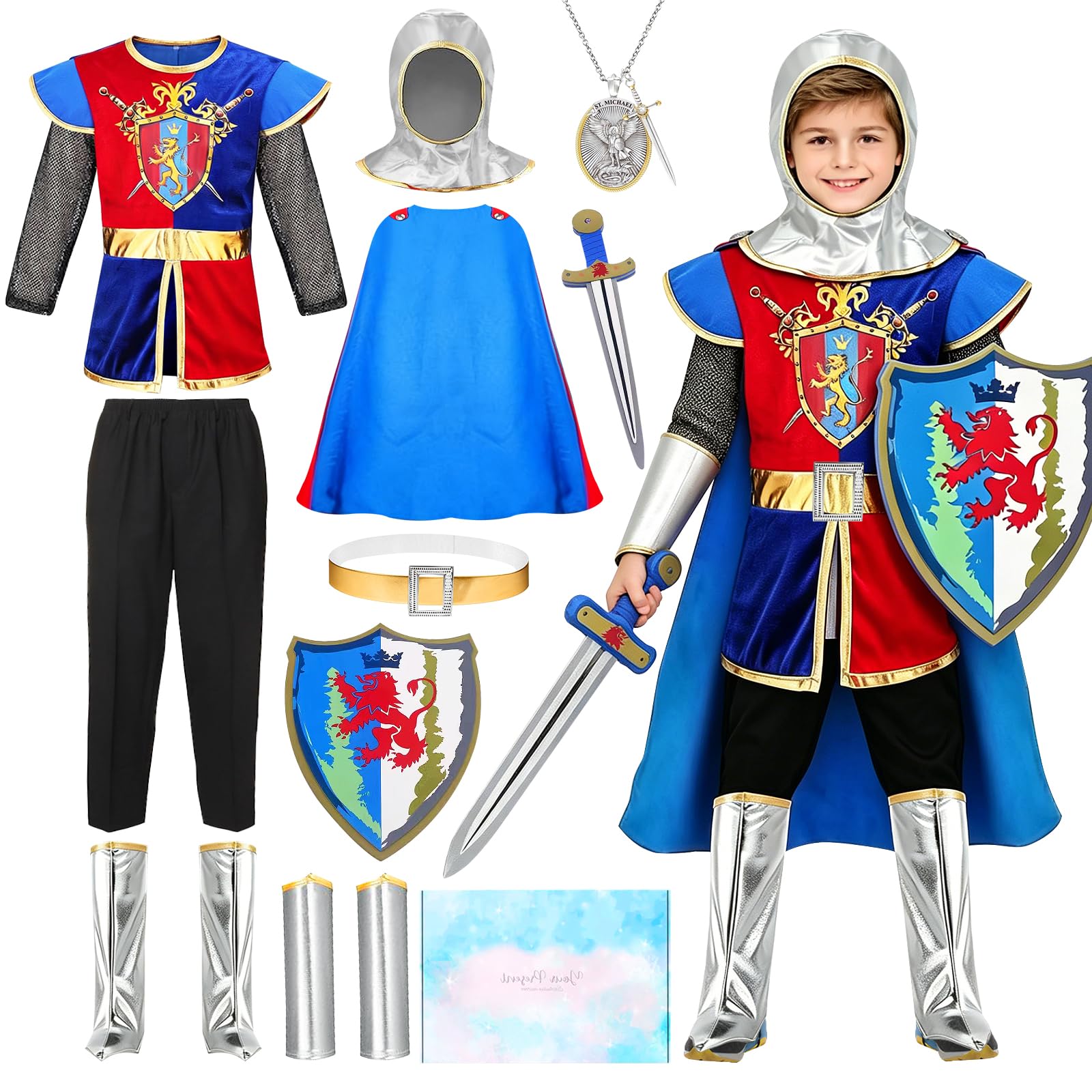 Ritter Kostüm Kinder, mit Ritterhelm, Umhang, Schaumstoff-Schild | Ritter Faschingskostüm, Geschenk für Jungen zu Halloween, Karneval, Cosplay und Partys