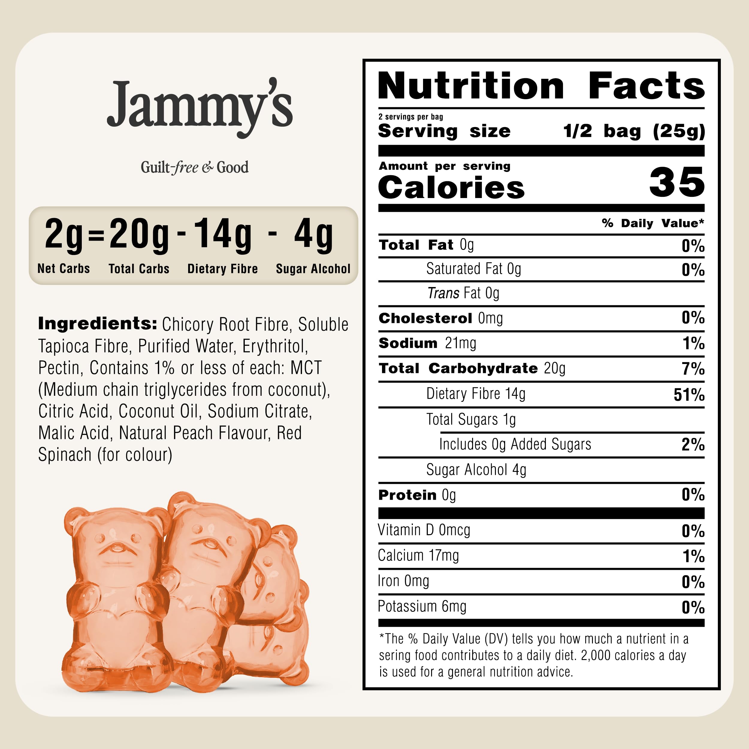 Jammy's™ - Peach Gummy Bears | Sugar-Free & Vegan-Friendly | Keto-Friendly, Gluten-Free, Low Carb, High Fibre & Naturally Fruity | Delicious, Soft & Chewy | Box of 6 x 50g Bags