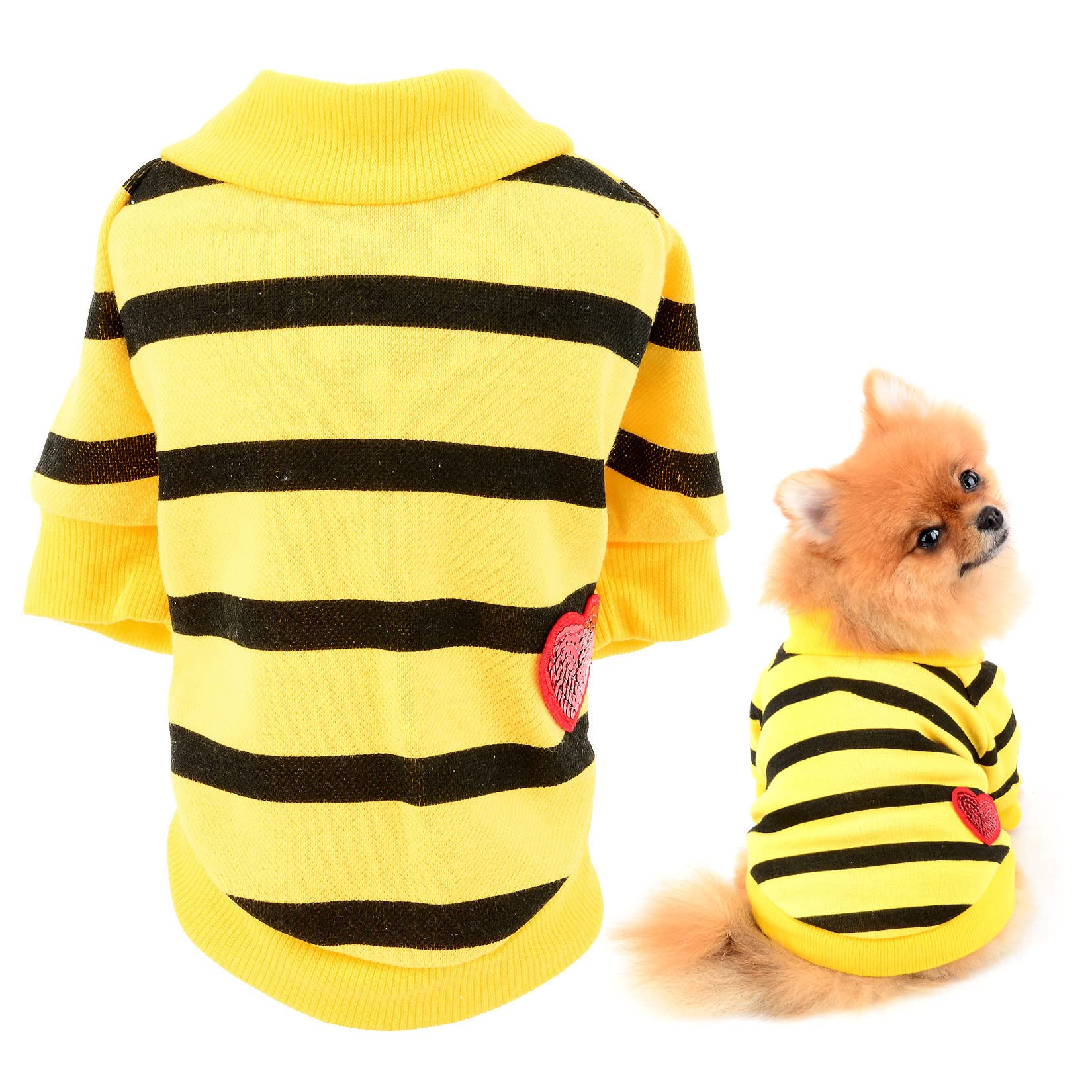 SMALLLEE_LUCKY_STORE Cotton Striped Shirt Puppy T-shirt Tee for Small Medium Dog Cat Boy Girl with Bling Red Heart Pet Summer Clothes Yorkie Chihuahua Apparel,Dark Yellow,M โ image 1