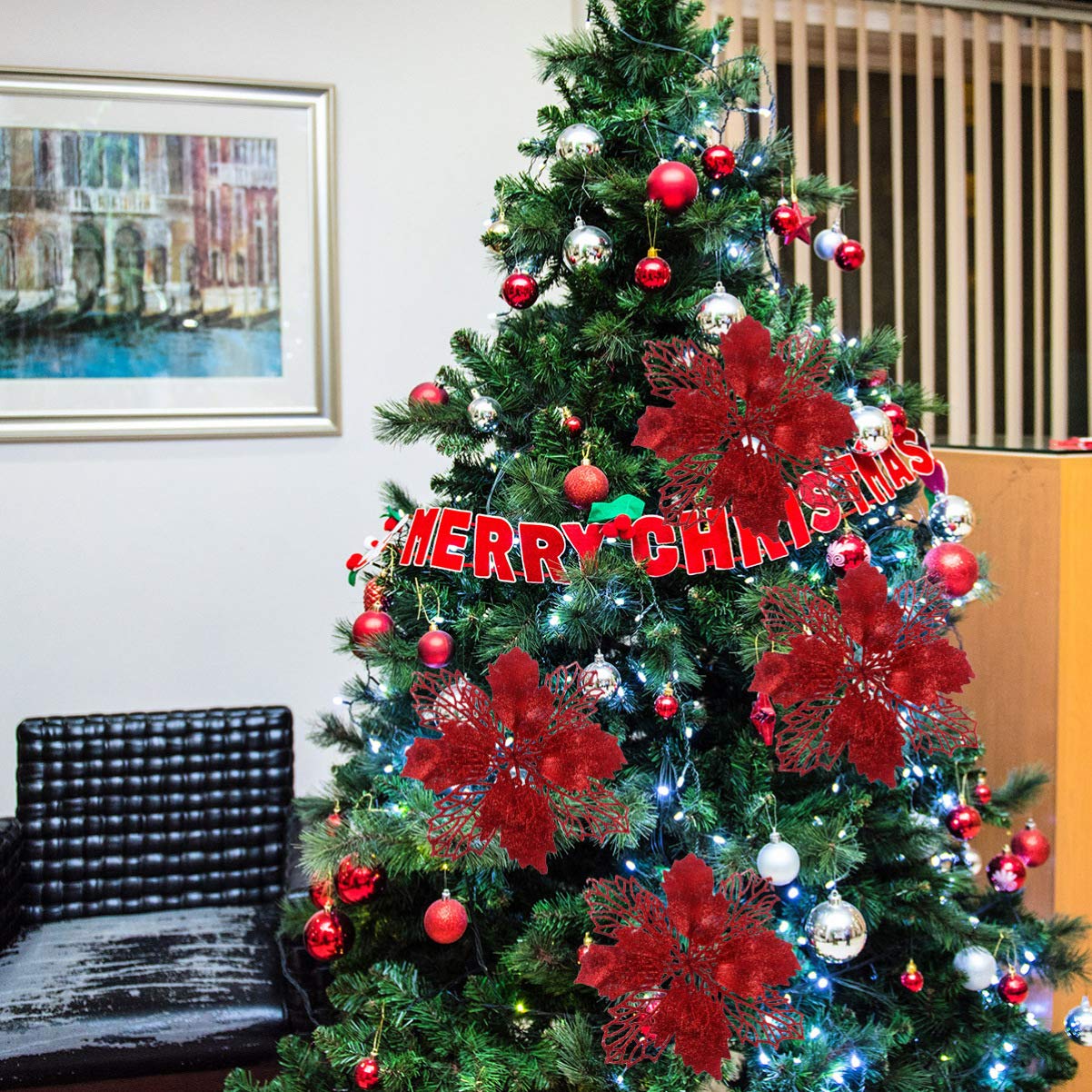 TOYANDONA Decoración Navideña 12 Pcs Glitter Poinsettia Flowers Hollow Artificial Flowers Christmas Ornaments Xmas Tree Hanging Pendant () Liquidación De Adornos Navideños
