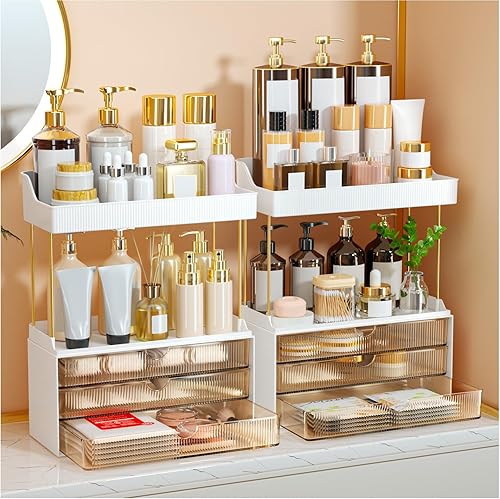 Miniatura 10 de Organizador de encimera de baño de 3 cajones, organizador de maquillaje de 5 niveles, organizador de perfumes versátil, ideal para almacenamiento en
