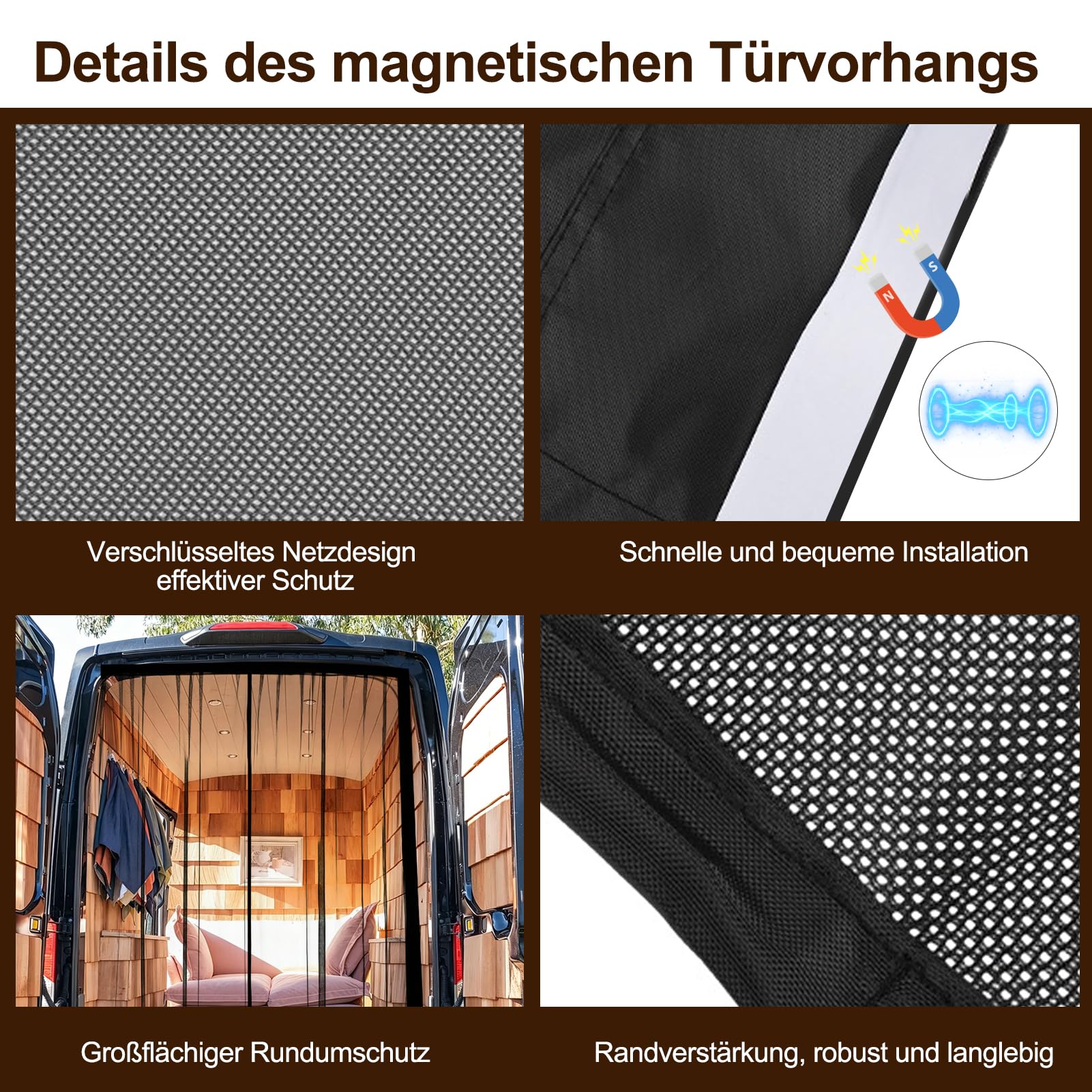 Magnetischer Fliegengitter, 180,3 x 149,9 cm, Wohnmobil-Vorhang, zentraler magnetischer Fliegengitter für Mercedes-Benz Sprinter, Vans und andere Camper, geeignet für