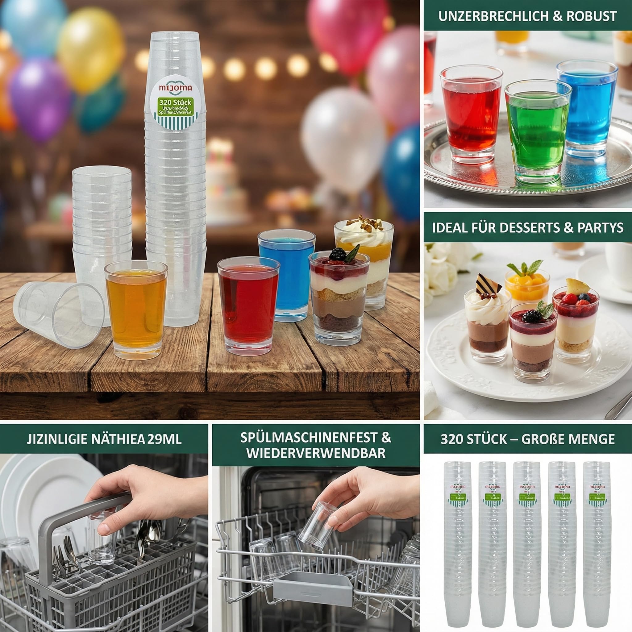 MIJOMA Bicchieri da liquore infrangibili in plastica, resistenti bicchierini per shot. Jello Shot, dessert, feste, matrimoni, compleanni, lavabili in lavastoviglie, riutilizzabili, 29 ml (trasparente,