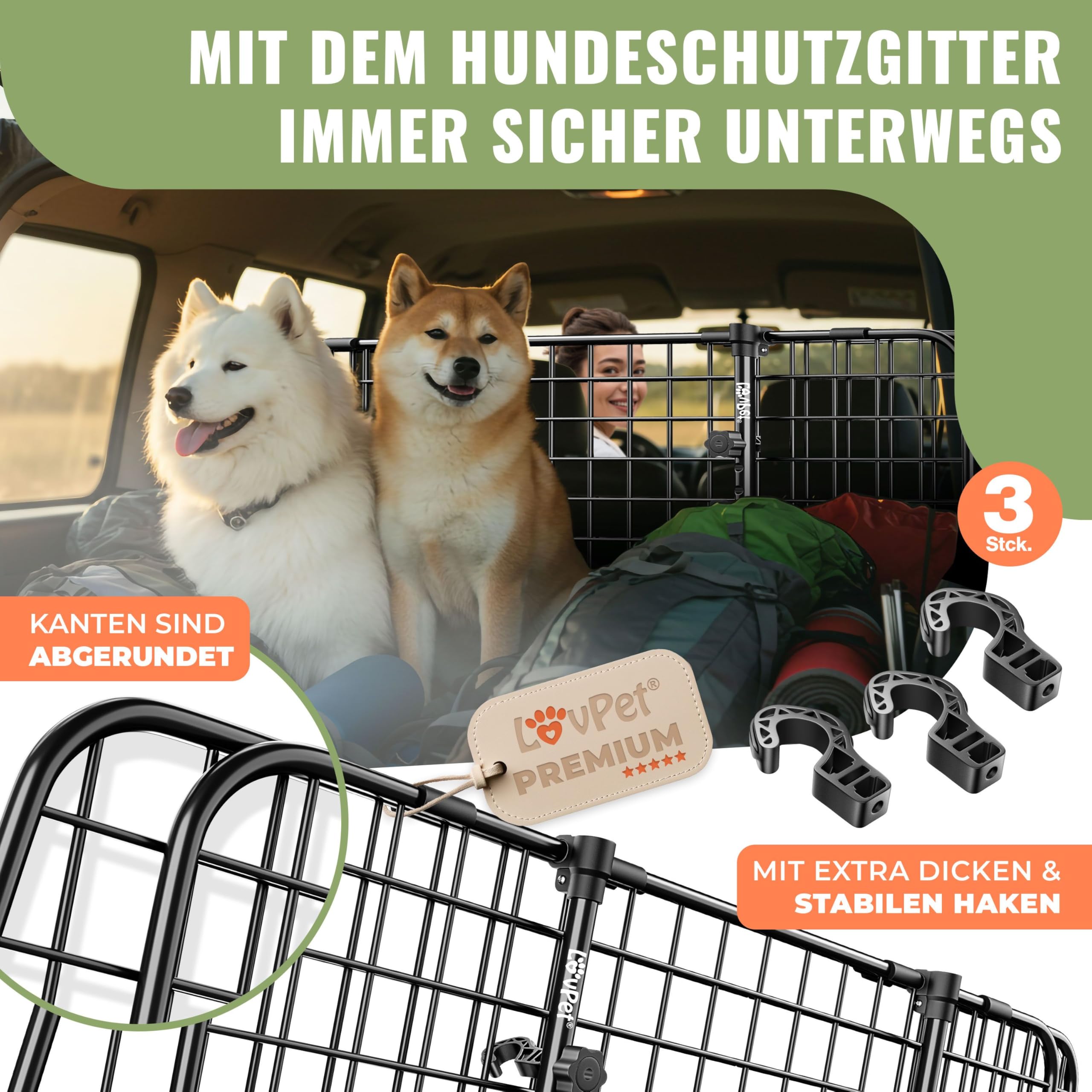 LOVPET® Dog Guard Car, divisorio per auto universale, regolabile in larghezza, poggiatesta, portabagagli, dimensioni HxW 30 x 91-153 cm portabagagli, + 2x cinghia di sicurezza per cani, Nero