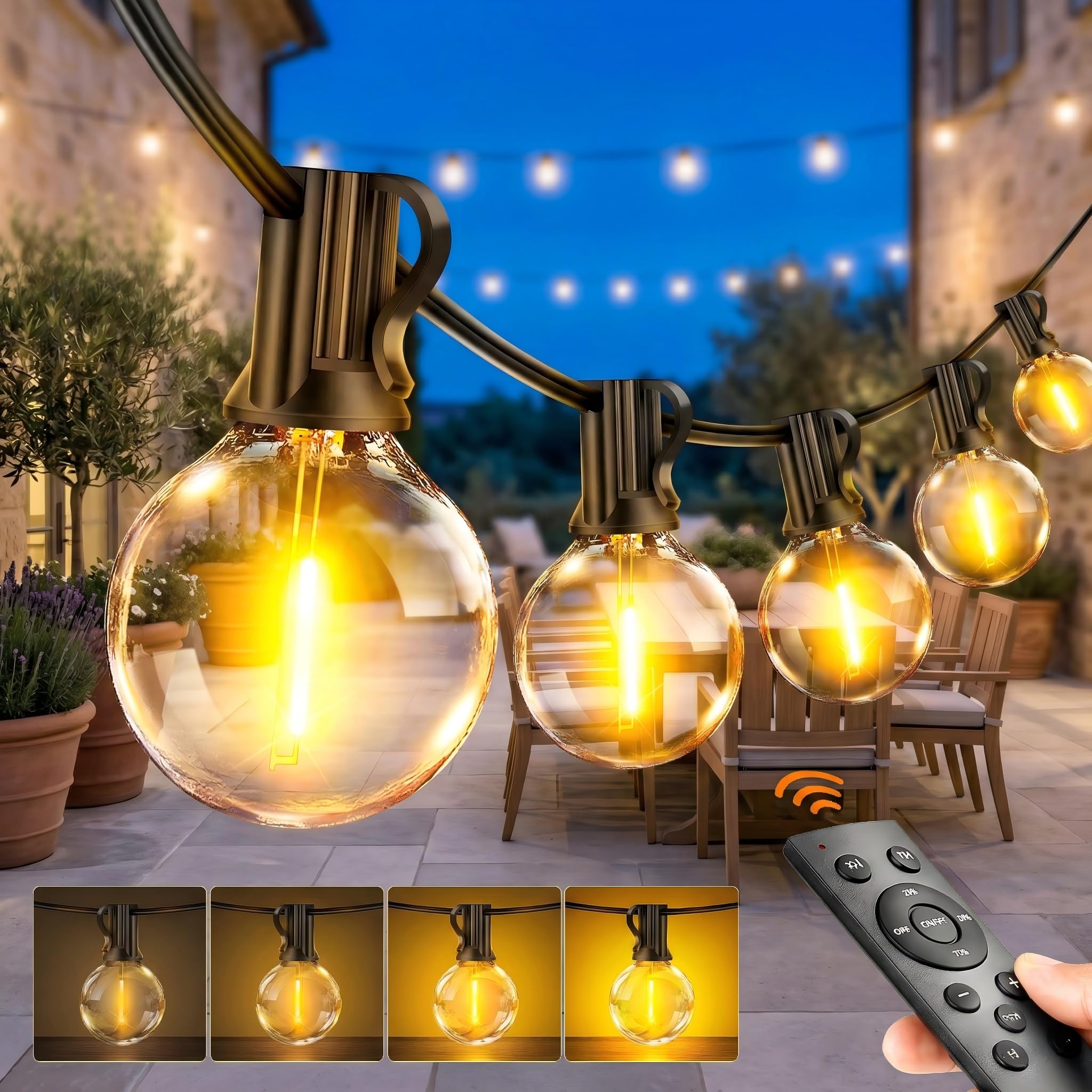 Pbgmrt Warm White Dimmable Outdoor String Lights 45M/150Ft G40 Mains Powered Garden Lights 45+2 Leds, Remote 2 Timer 3 Modes Waterproof Outside Festoon Lights For Patios Fences Pergolas