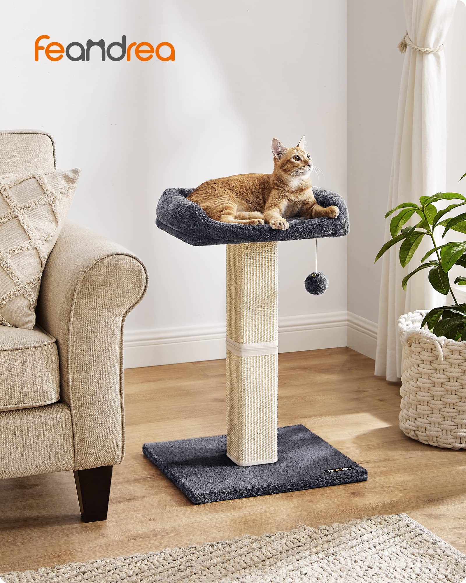 Feandrea Árbol para Gatos, Rascador de Felpa 40 x 30 cm, 71 cm de Altura, Columna con Sisal Tejido, Base de 45 x 40 cm, con Pompón, Gris Oscuro PCA022G01