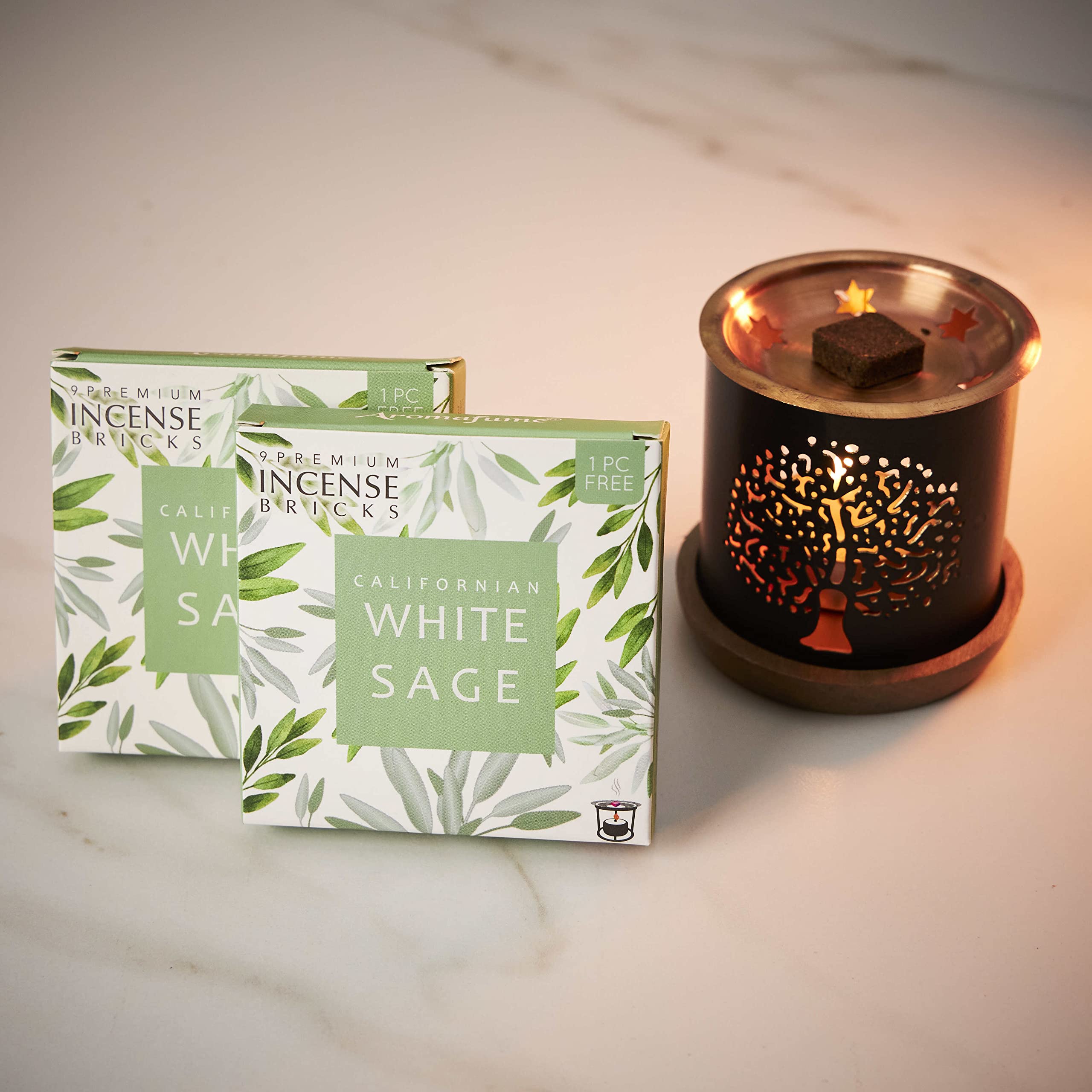 AromafumeCalifornia White Sage Incense Bricks (2 x 9 Bricks) & Tree of Life Exotic Burner | Made with Salvia Apiana(White Sage) Extracts | Ideal for Positivity & Cleansing | Low-smoke & non-toxic