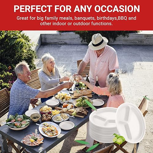 Miniatura 6 de Paquete de 125 platos de papel con compartimentos de 9 pulgadas, 100% compostables, desechables, con divisores para fiestas y cenas, hechos de