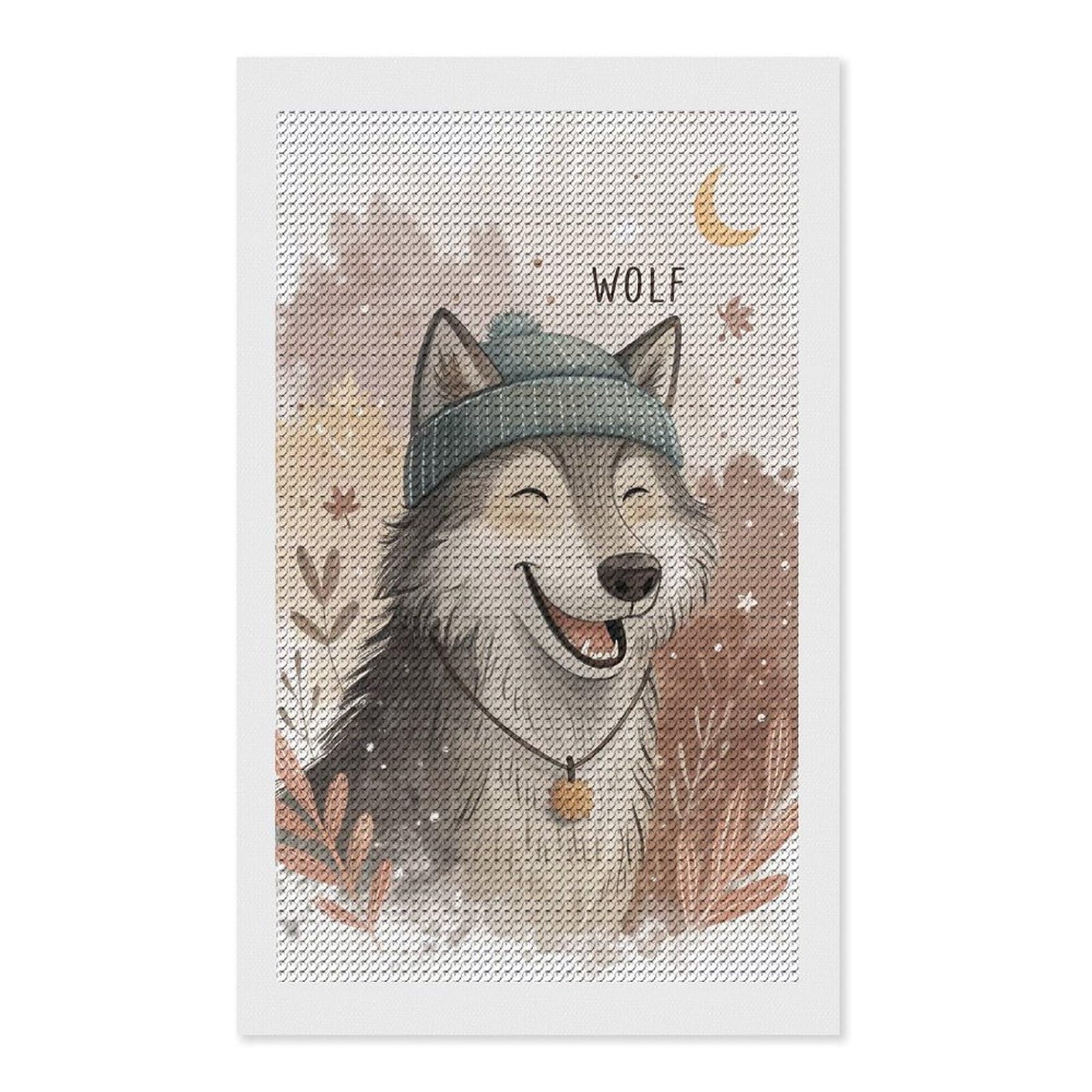 Junmoney Cute Wolf Wearing A Beanie Diamond Art Kit 12"x20", Gift Idea, for Family Craft Time, Mindful Craft Activity, Boho Decor, Relaxing DIY Hobby