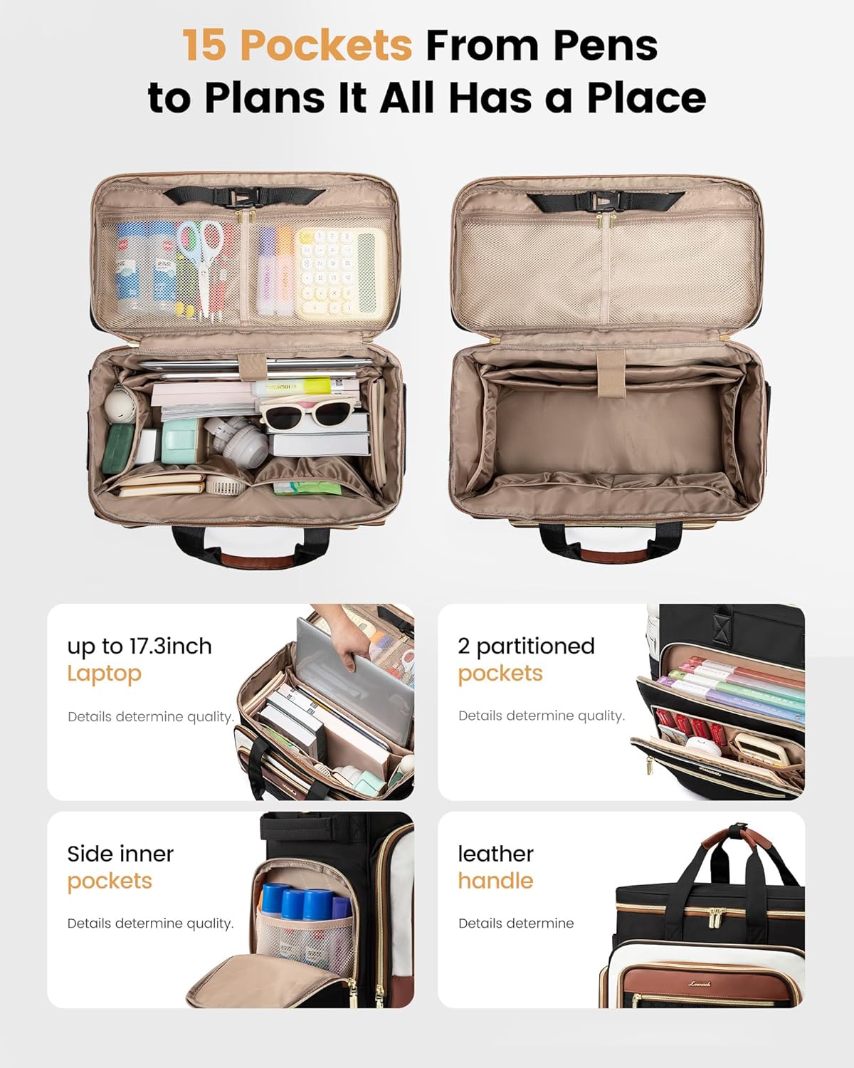 LOVEVOOK Rolling Teacher Bag with Detachable Dolly and Laptop Compartment, Large Rolling Tote Bag fits for 17.3" Laptop for Teacher Office Work Craft Nurse, Quilted-Black-beige-brown - Image 4