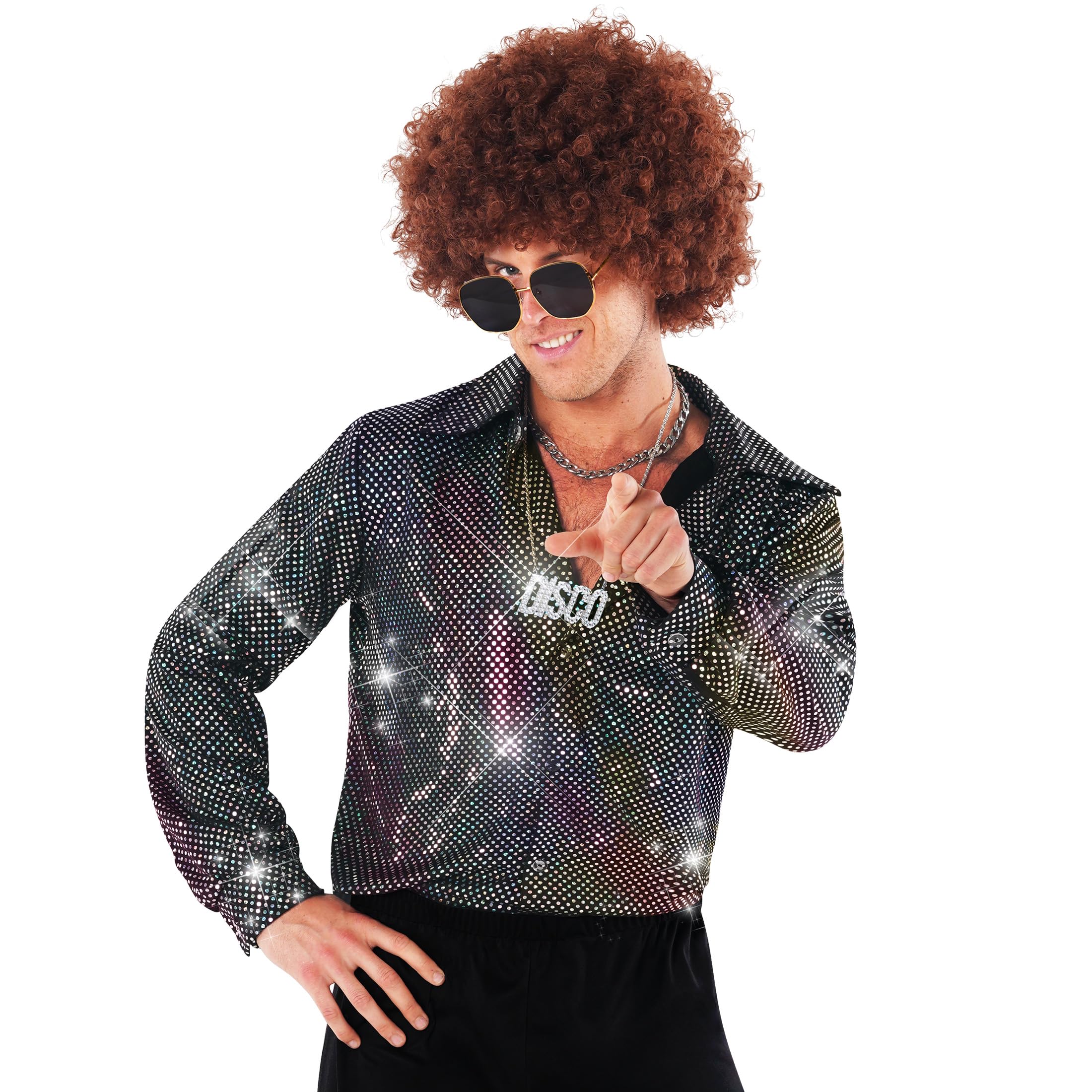 FYMNSI Chemise à Paillettes à Manches Longues Pour Homme - Costume De Fête Disco Des Années 70 - Boutonné - Brillant - Transparent, Noir , M