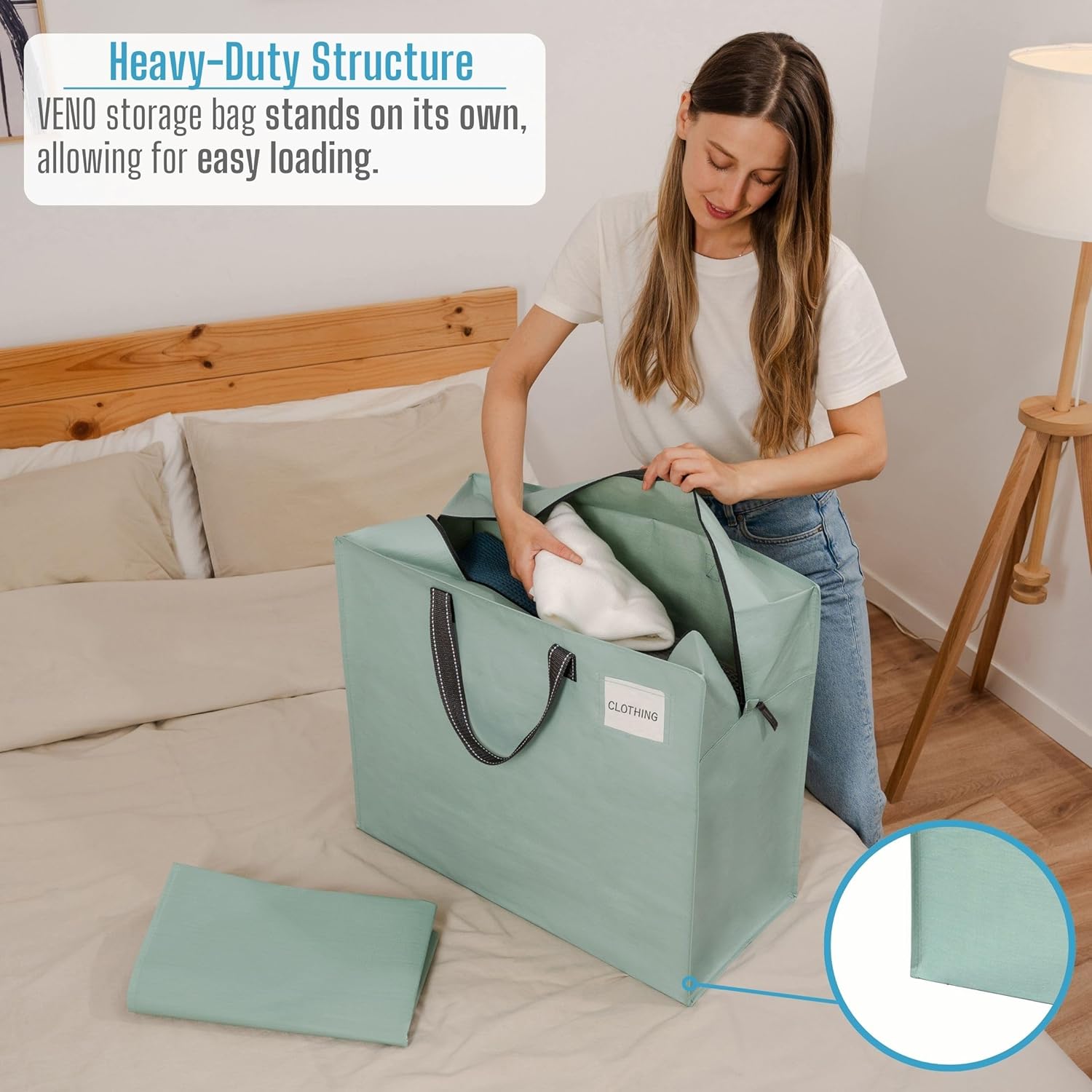 VENO 4 Pack Moving Bags, Christmas Storage Containers, Storage Totes, Zipper On Top, Sturdy, Storage Bags for Camping, Clothes, Bedding, Comforters, Pillows (22 Gallon Light Green, 4 Pack) - Image 2