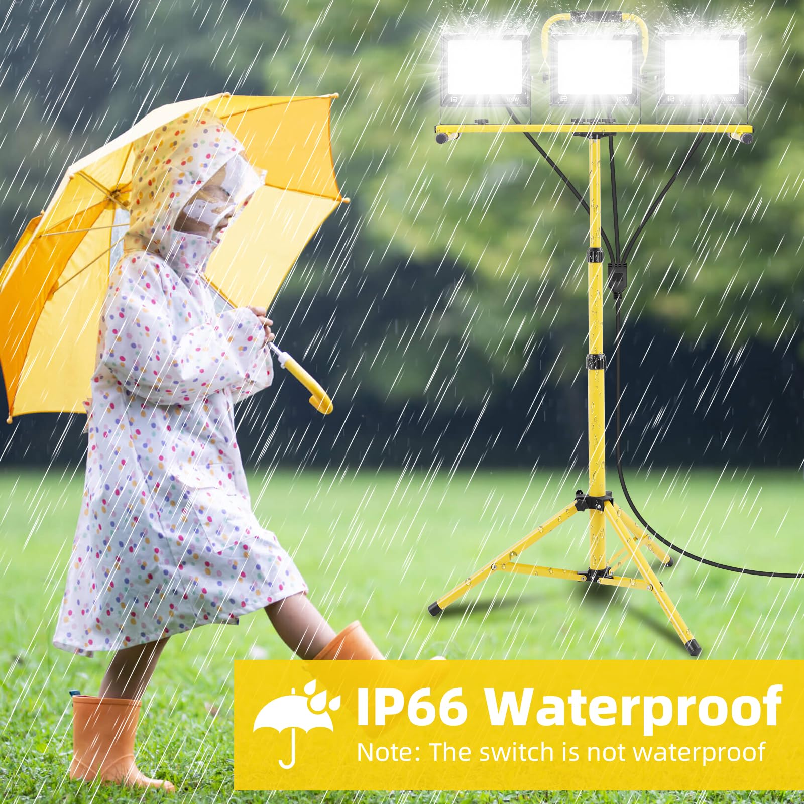 papasbox 300W LED Baustrahler mit Stativ Stecker und Schalter | Baustellenlampe 6500K Kaltweiß Baustellenstrahler | IP66 Wasserdicht Arbeitsleuchte 300W 150W 90W Baulampe für Werkstatt Baustelle