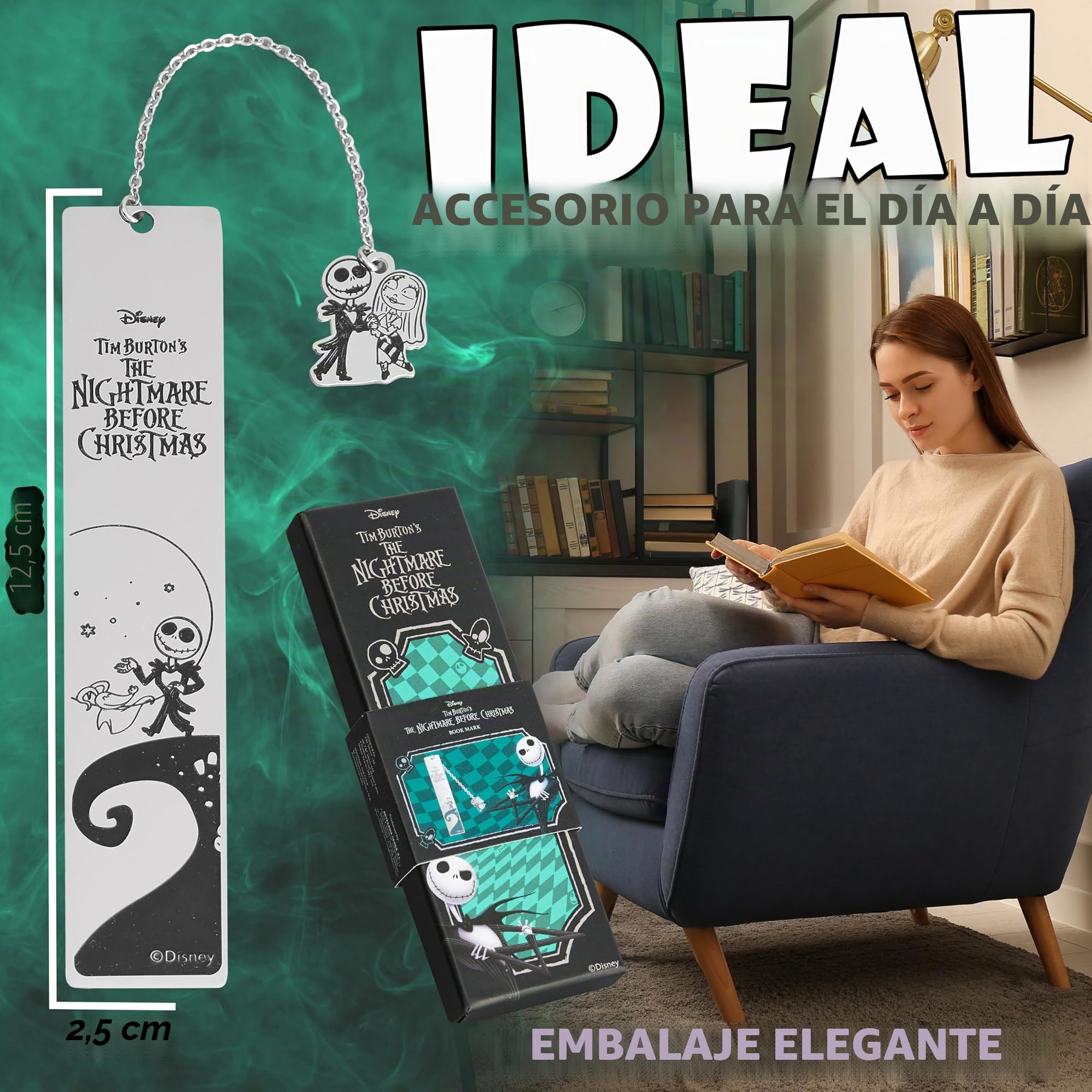 Disney Stitch Marcapaginas Originales de Metal con Colgante Accesorios Lectura para Niños Adolescentes Mujeres Regalos para Lectores Amiga Profesor (Plata Jack Skellington)