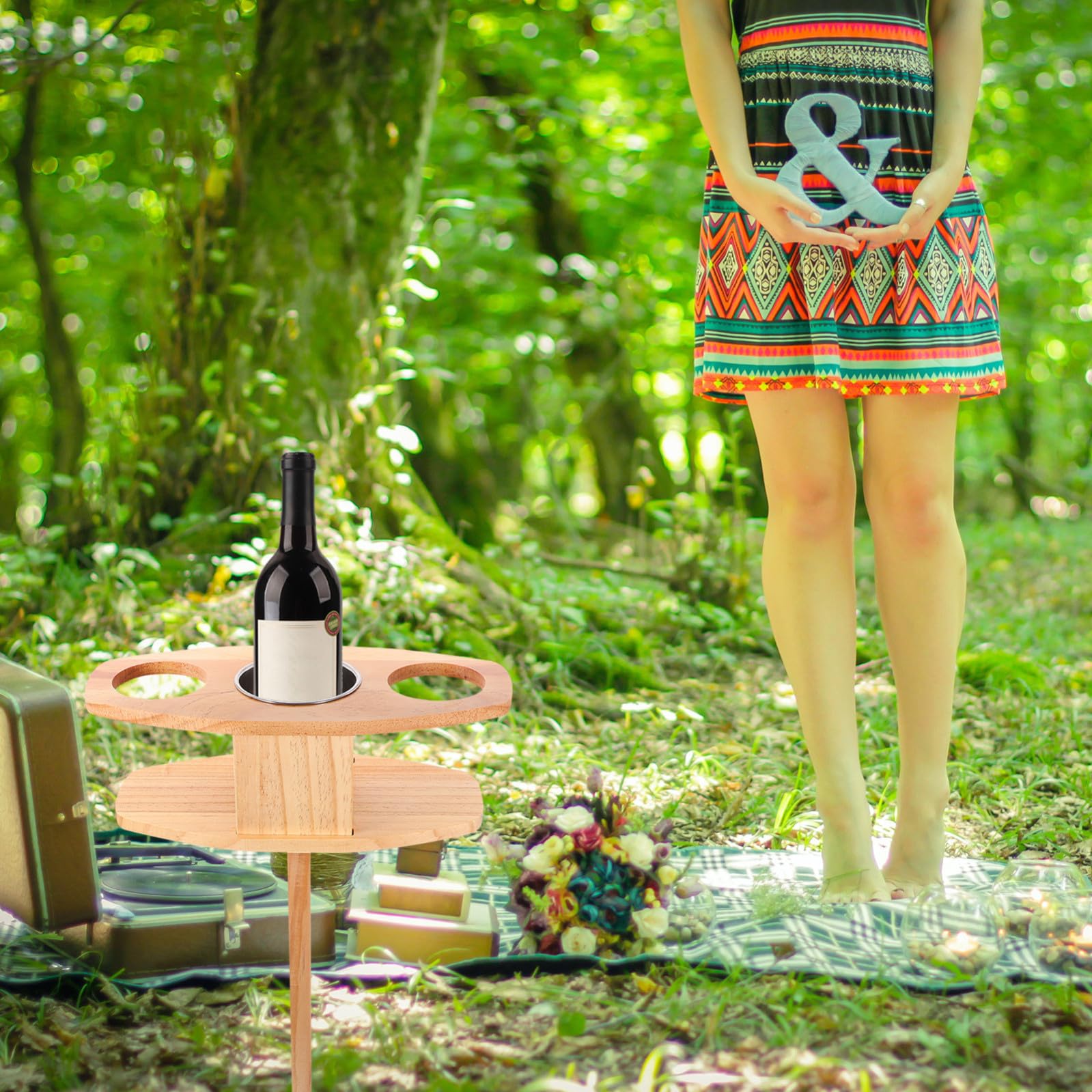 VICASKY Tavolo Pieghevole Portatile in Legno Kaki per Vino e Bicchieri | Festa Estiva, Uso Travel e Outdoor, Tavoli Pieghevoli da Esterno, Tavolino da Campeggio