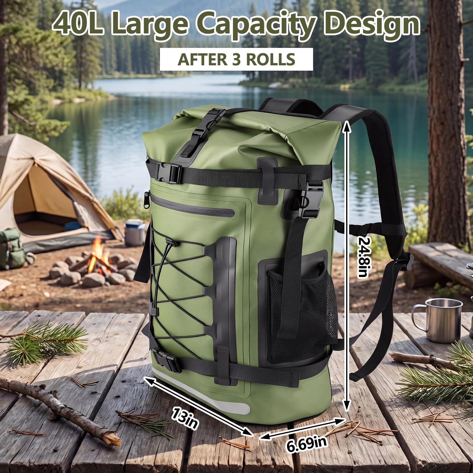 XREE Sac étanche vert militaire avec fermeture par enroulement pour les activités de plein air telles que les voyages, la randonnée, le kayak, le camping et les sports nautiques, vert, 40L, Sac