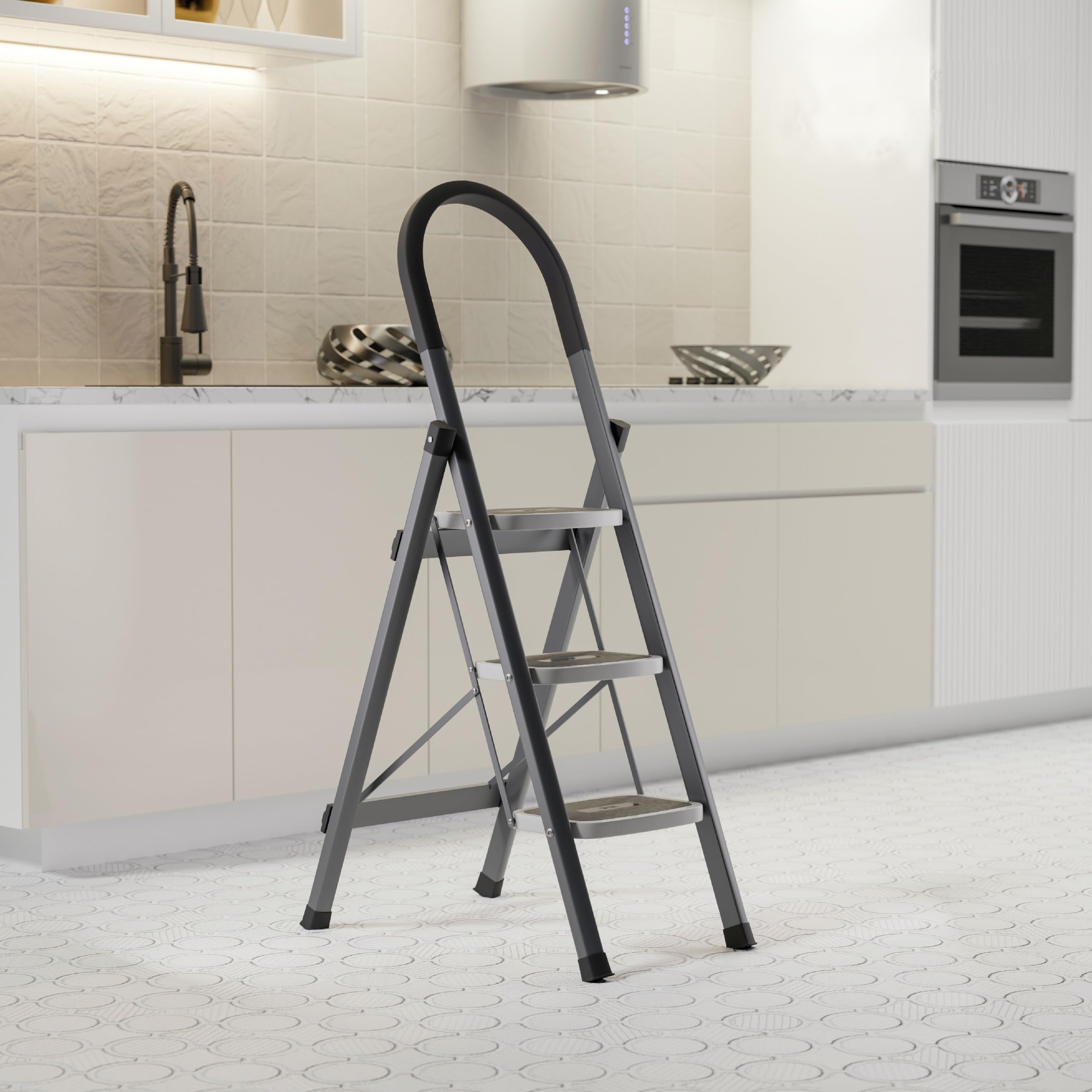 iSTAR 3 Step Ladder for Home Use Steel |Foldable 3Step Ladder with Anti-Slip Wide Steps, Secure Hand Grip| Portable & Durable Step Stool for Kitchen, Office, Bathroom, Heavy-Duty Durable Design (Grey)-image-49