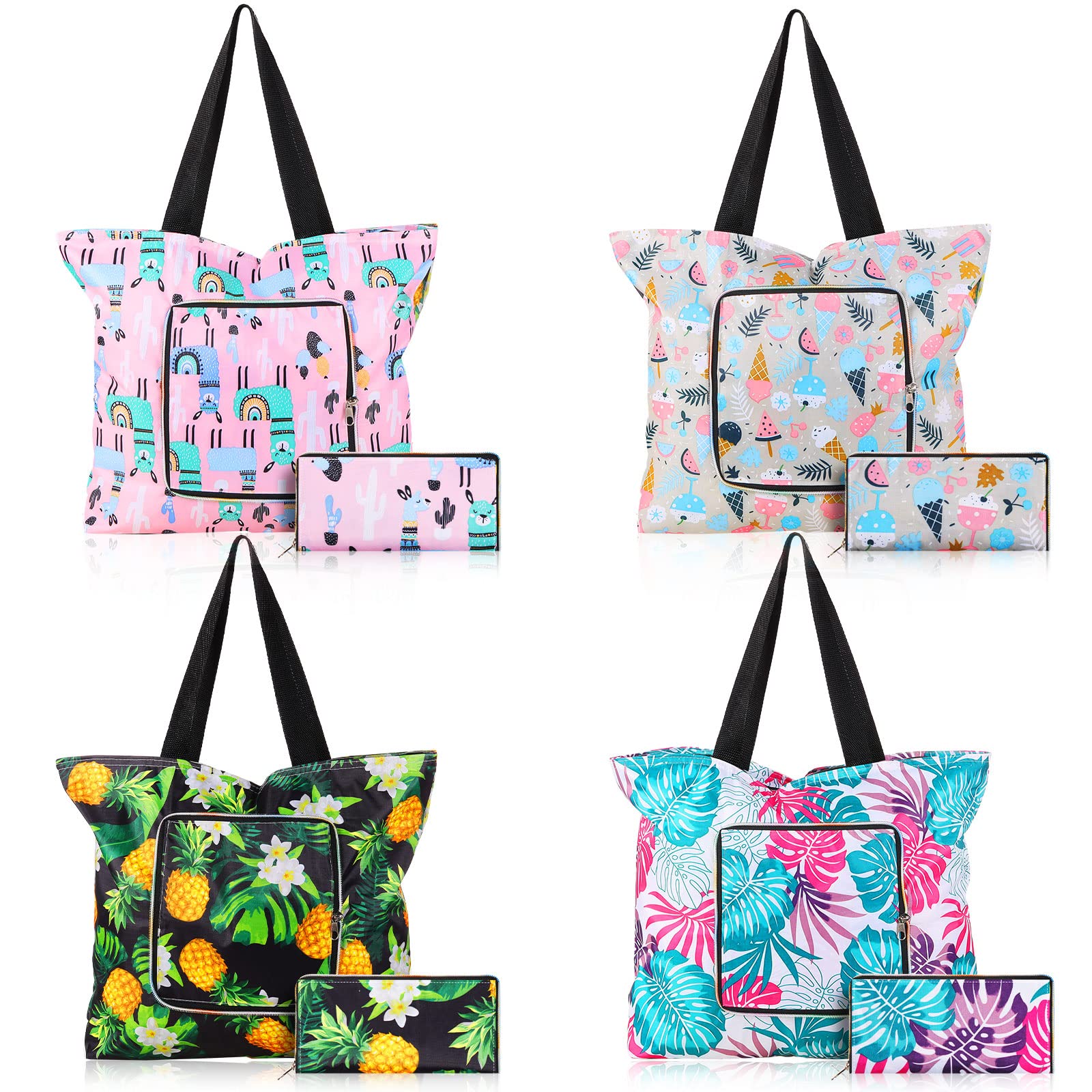 Woanger 4 Pcs Reusable Shopping Bags Washable Foldable Grocery Bags with Handles Zippered Waterproof Tote Oxford Bag