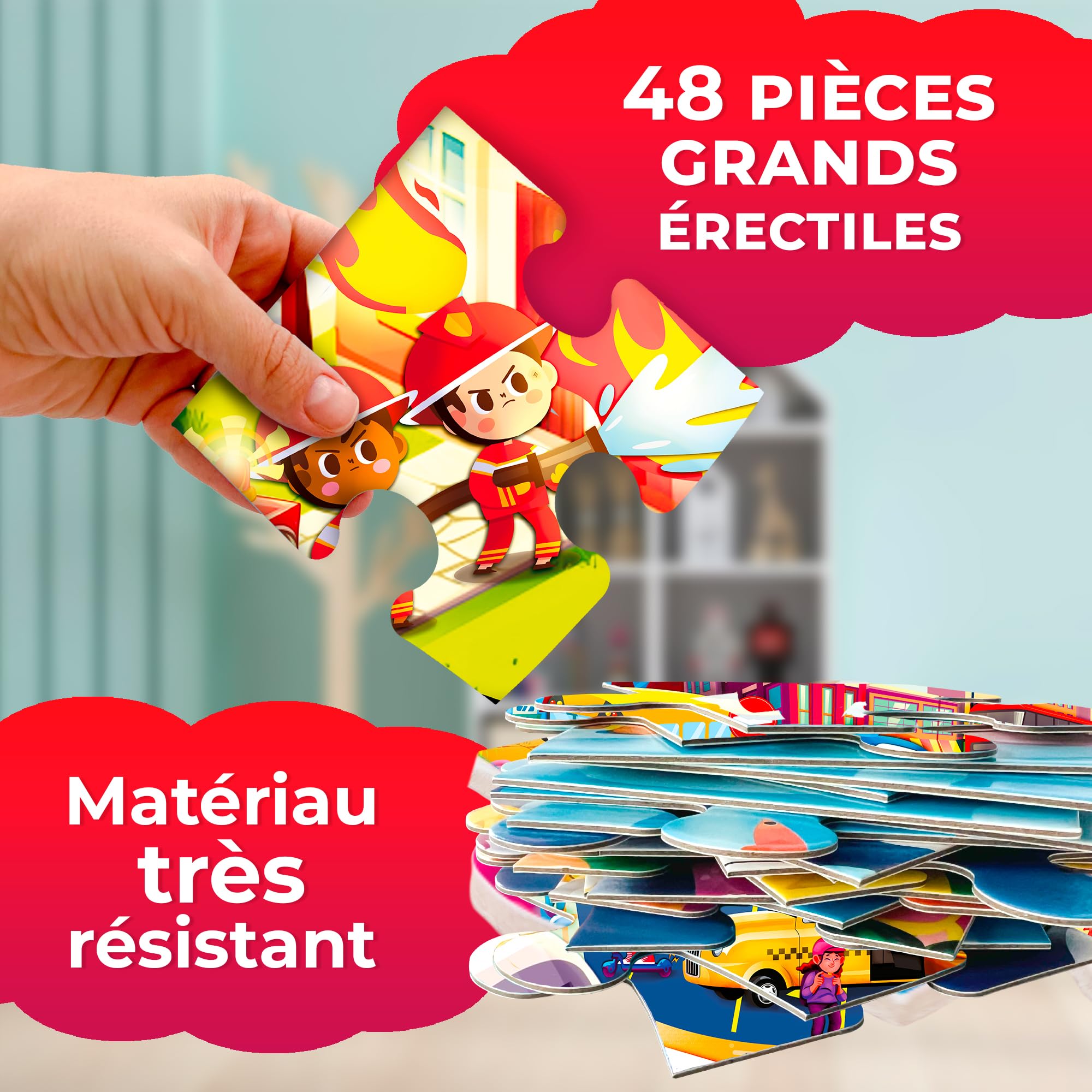 QUOKKA Grand Puzzle Enfant 3 4 5 Ans - 60x90 cm 48 Pièces Puzzle Géants de Sol pour Enfants 5 6 Ans - Camions de Pompiers Jouet pour Garçons et Filles - Educatif Cadeau