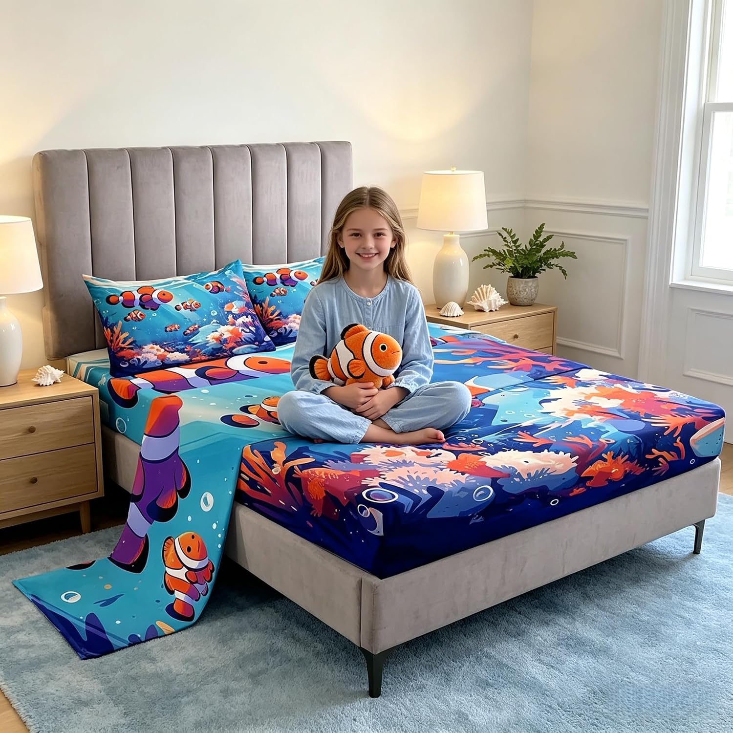 Homewish Cute Clownfish Kids Sheet Twin Size,Fish Coral Marine Life Bedding Set,Girls Boys Room Decor,Cartoon Clownfish Ocean Animals Blue Dreamy Bed Sheet Set 3pcs(Fitted + Flat + 1 Pillowcase)