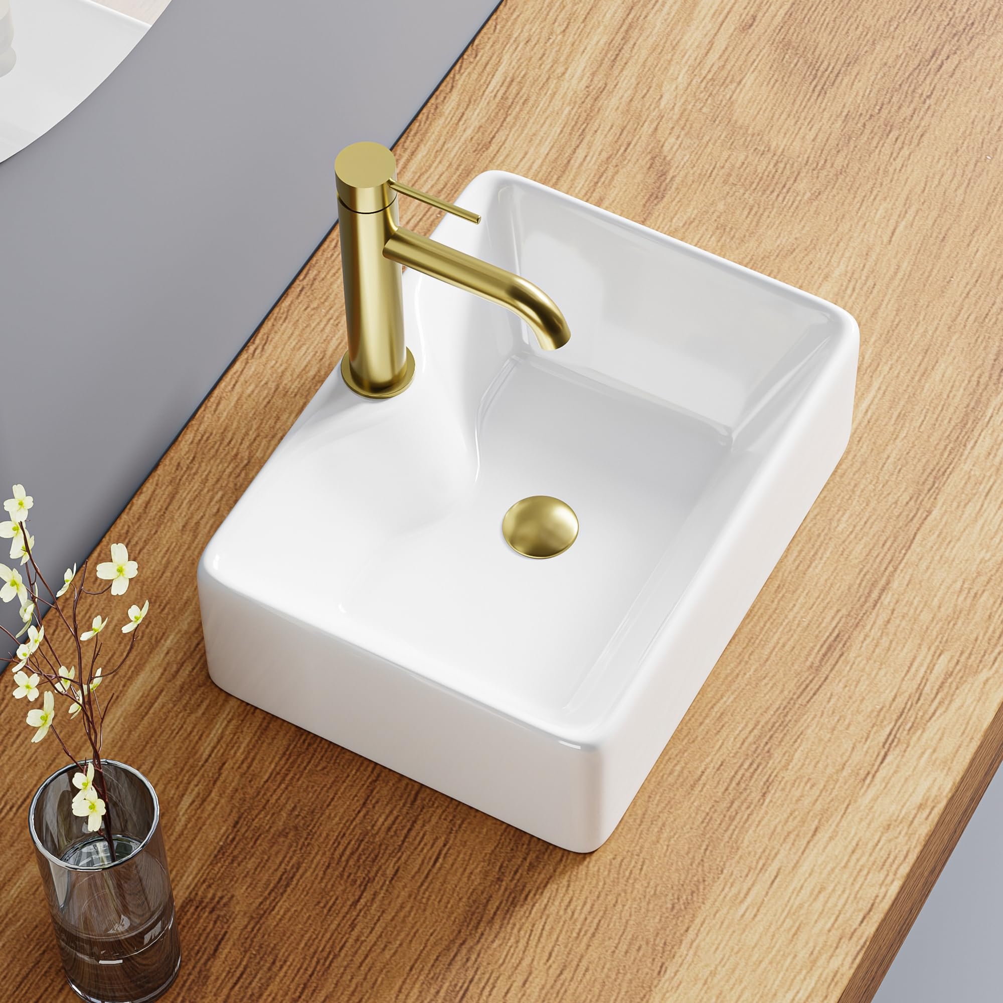 Lavabo rettangolare in ceramica bianca 40 x 30 x 13 cm – Lavabo da appoggio con spiaggia per miscelatore – Design moderno con angoli arrotondati – ideale per il bagno contemporaneo – facile