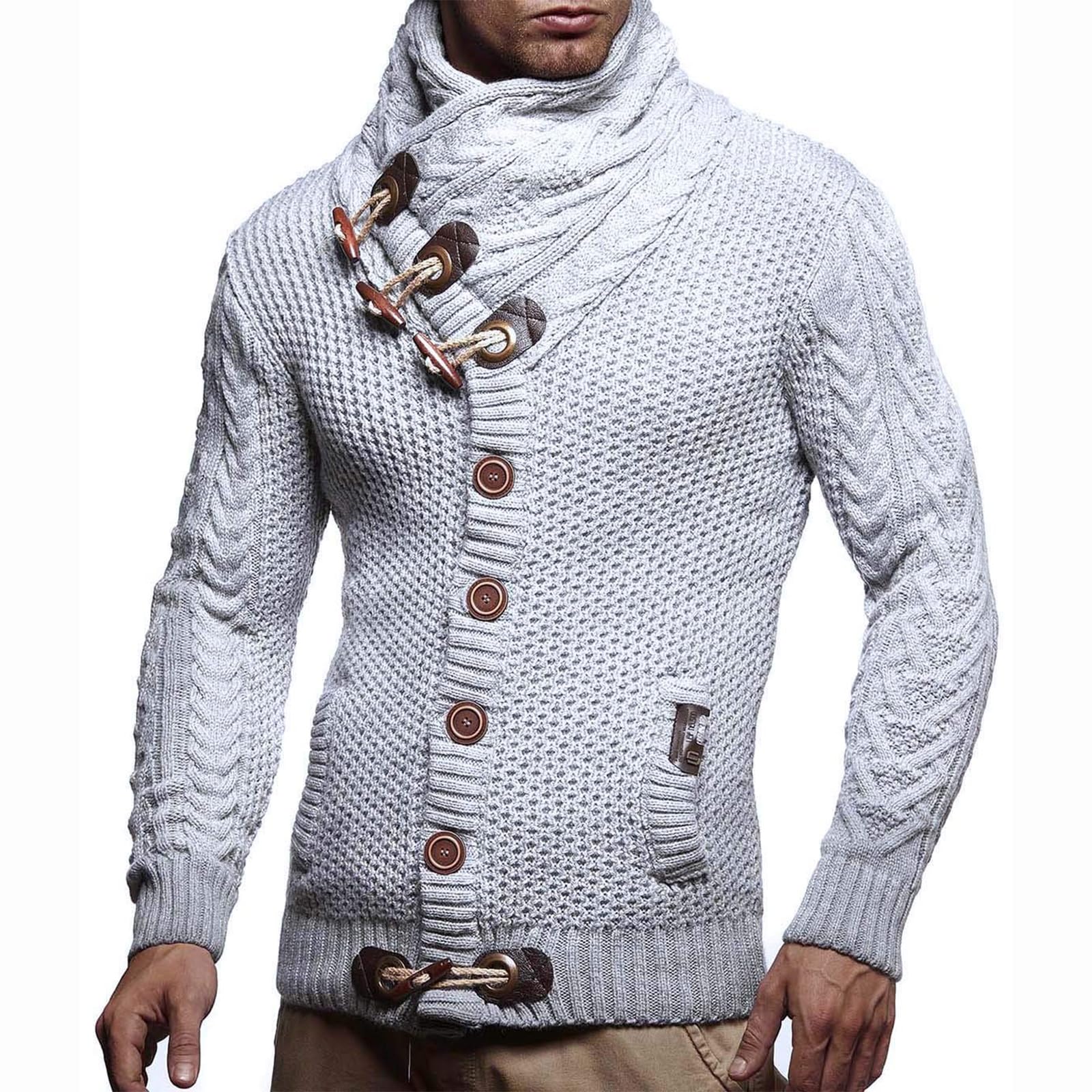 Greabuy Suéter de punto trenzado para hombre, cuello alto, térmico, cálido, con cremallera, casual, a la moda, cuello alto, ropa de invierno