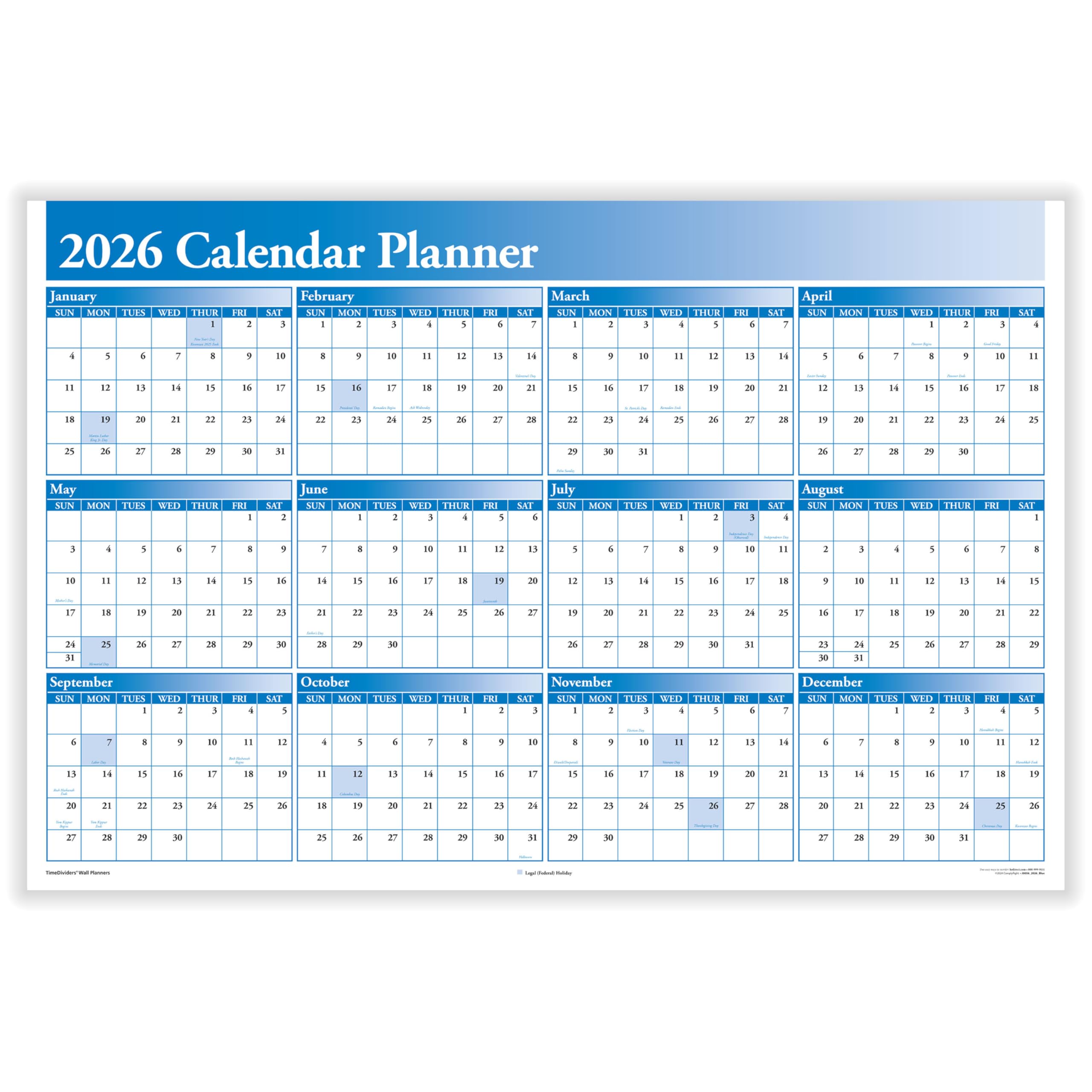 ComplyRight 2026 Full Calendar Planner - 2-Sided (36" X 24") - Blue