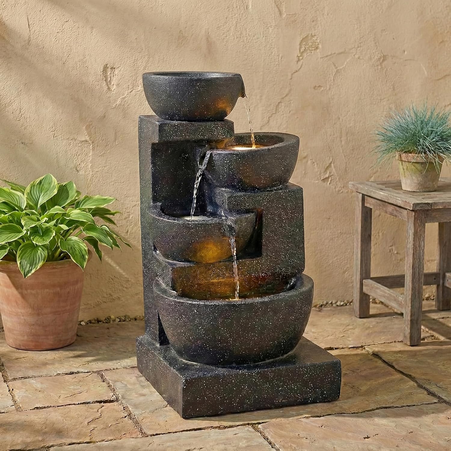 Terrazzo Style Water Fountain, 29 Inch LED Outdoor Indoor Floor Standing Water Fountain with Cascading Bowls & Stacked Stones, Freestanding 4-Tier Waterfalls for Gardens, Patios