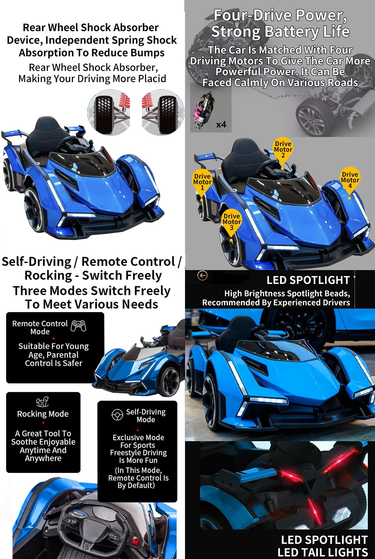 12V Kids Electric Ride On Car, Kids Electric Remote Control Car, LED Lights, Horn, USB, MP3 Music, 4 Motors, Suspension - Image 3