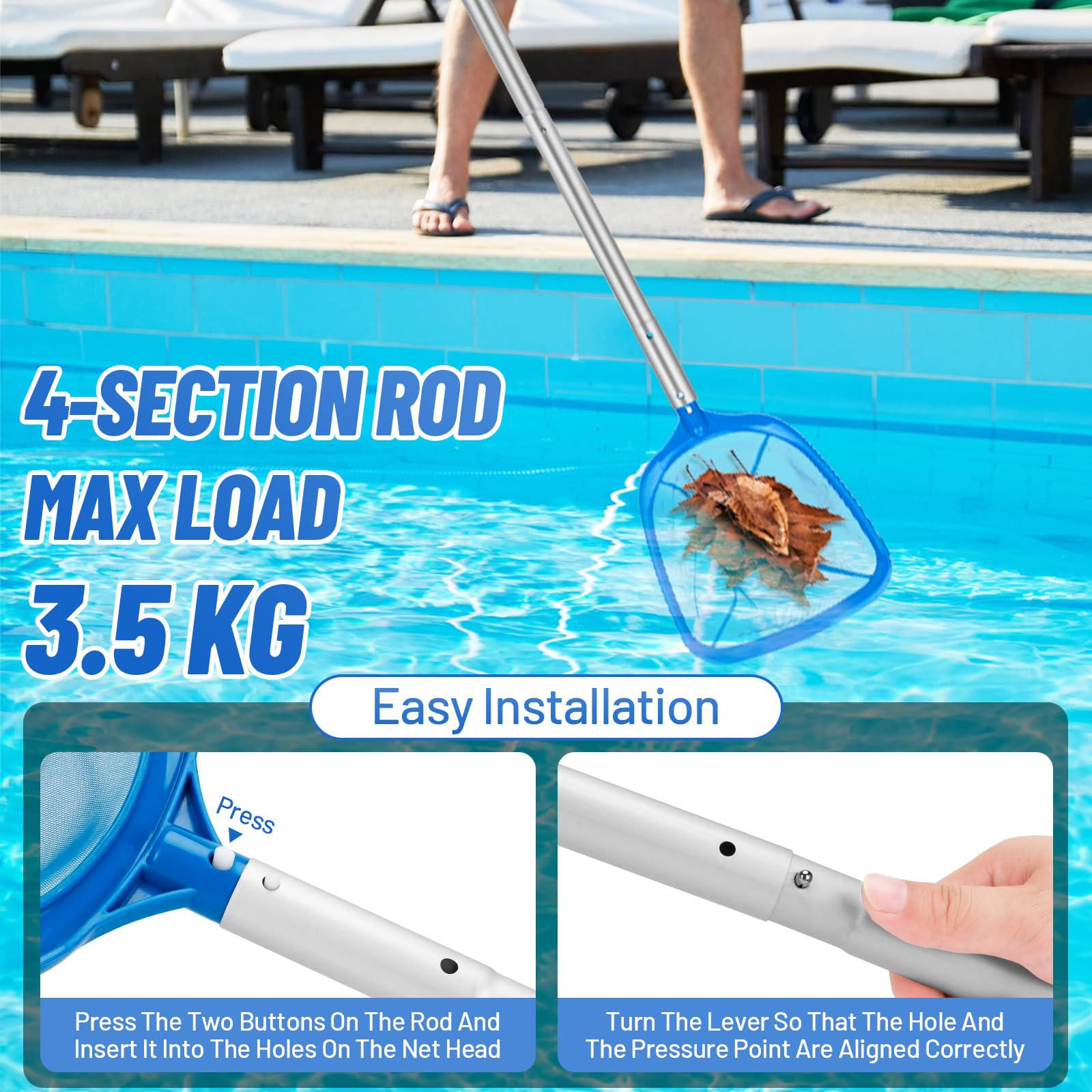 Recogehojas para Piscinas,175cm Red de Piscina con Varilla Gruesa de Aluminio Extraíble,Red de Limpieza de Hojas para Piscinas Skimmer de Malla Fina,Recogehojas Piscina para Piscina,Estanques