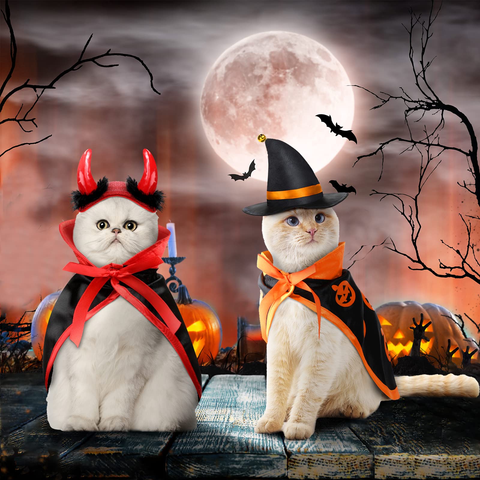 Reginary 6 Pieces Halloween Cat Pet Costume Dogs Kitten Outfits Witch Devil Vampire Bat Cloak Wings Dragon Wing Devil Hat Clothes Kitten Small Puppy Outfit for Halloween Party Pet Cosplay (Pumpkin)