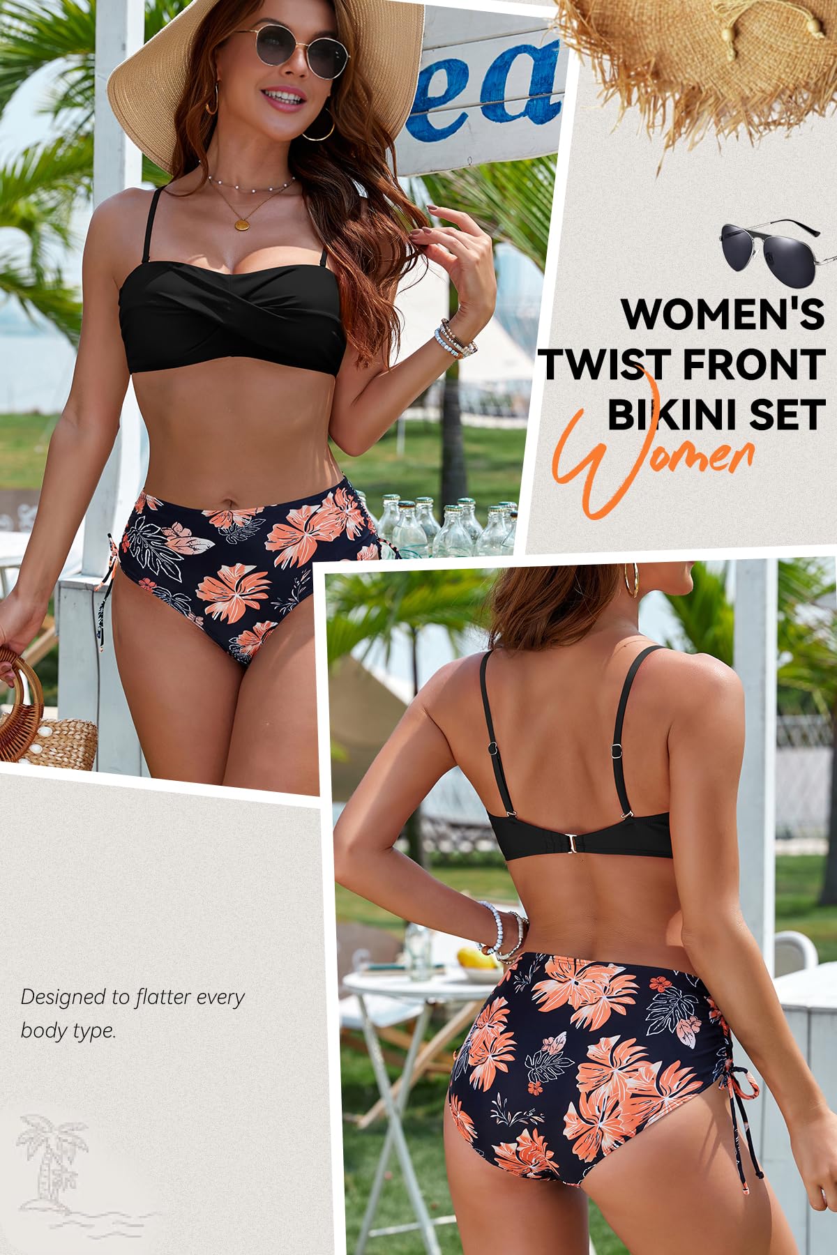 SHEKINI Bikini Set Stampa Floreale Due Pezzi Backless Swimwear Spiaggia Mare Beachwear con Spalline Amovibili Costume da Bagno con Cravatta Laterale