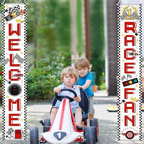 Blulu 2 piezas de decoración de fiesta de coche de carreras, carteles de bienvenida para fanáticos de las carreras, bandera a cuadros, pancarta