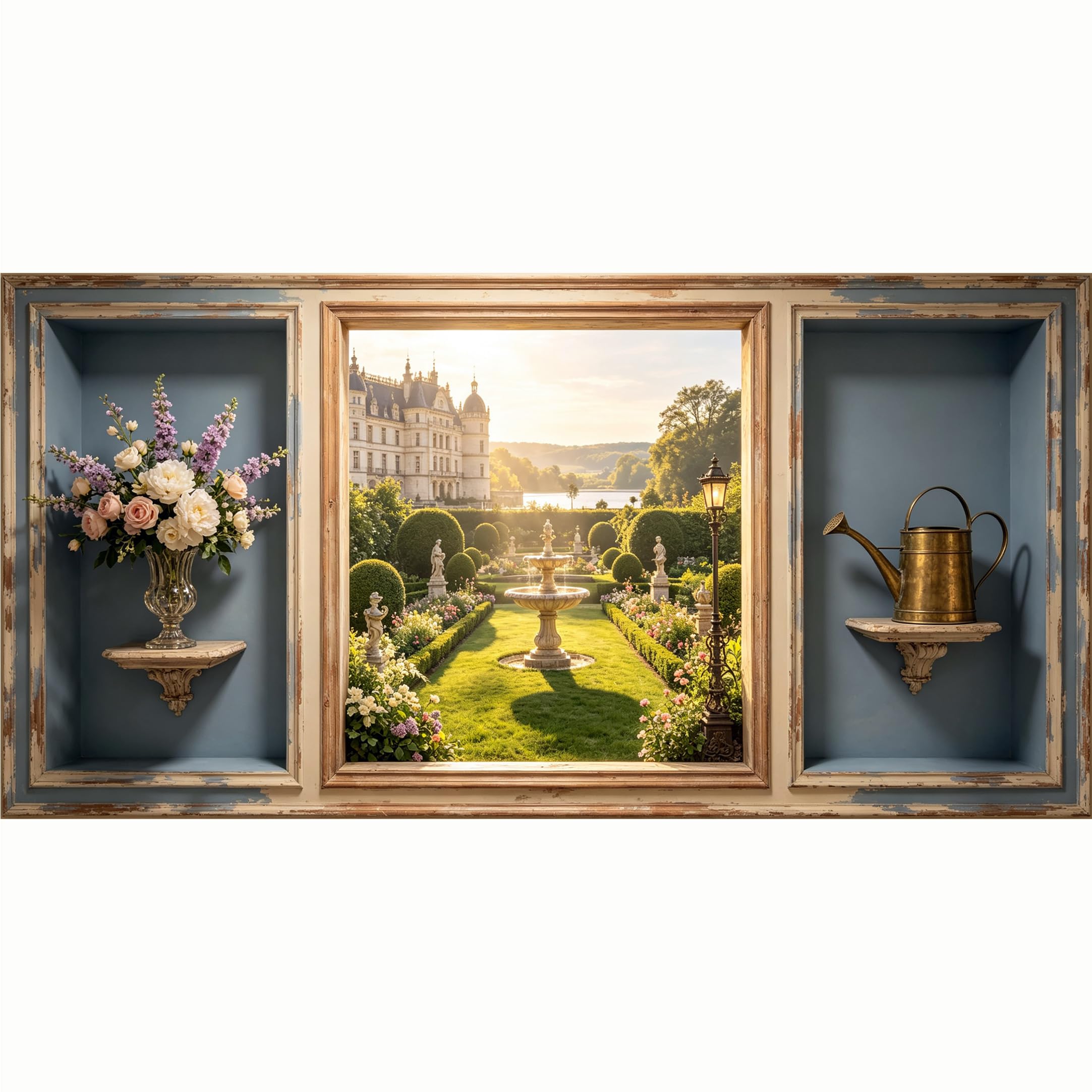 QZLITHOTIC 50x100cm 3D Framed Wall Art， European Garden Landscape Fountain Self‑Adhesive Mural， Water‑Activated Peel & Stick Fabric Decor Wall Decal for Bedroom Living Room