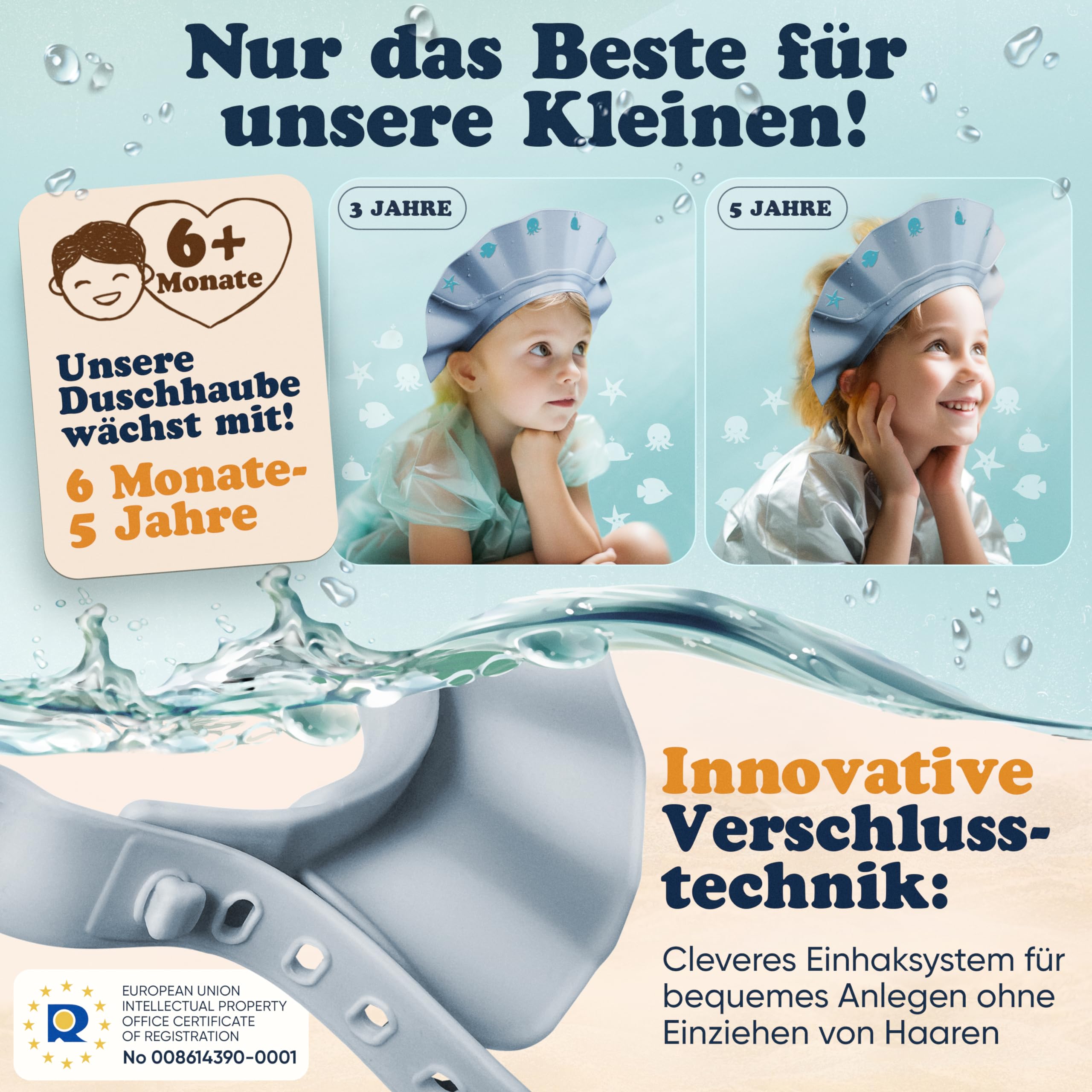 Cuffia da doccia per bambini – blu – estremamente impermeabile e piacevole comfort – aiuto per lavare i capelli bambini con tecnologia di chiusura extra leggera