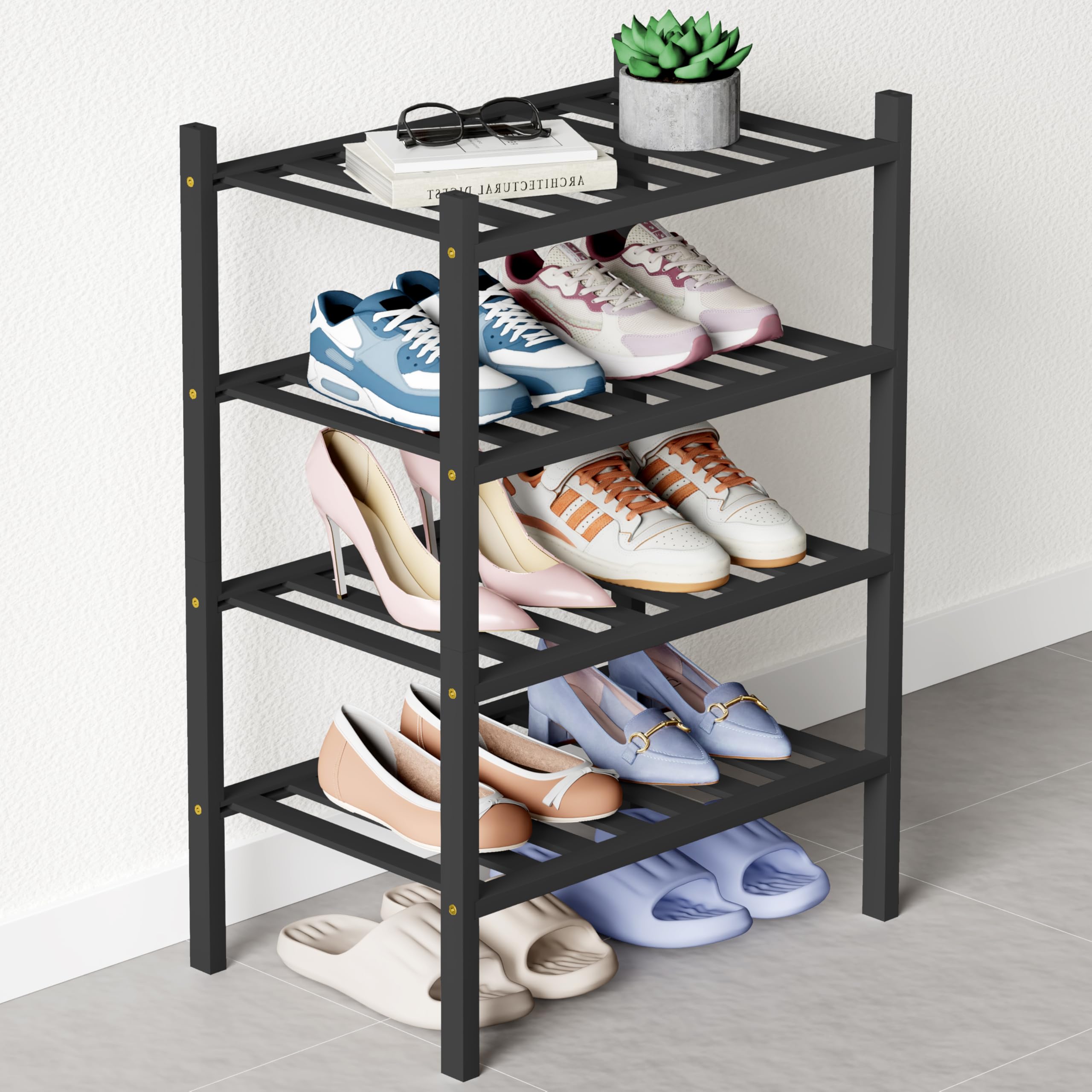 Smiry Bamboo Shoe Rack for Closet, 4 Tier Small Wooden Stackable Shoe Organizer, Free Standing Shoes Storage Shelf for Entryway, Front Door Entrance,