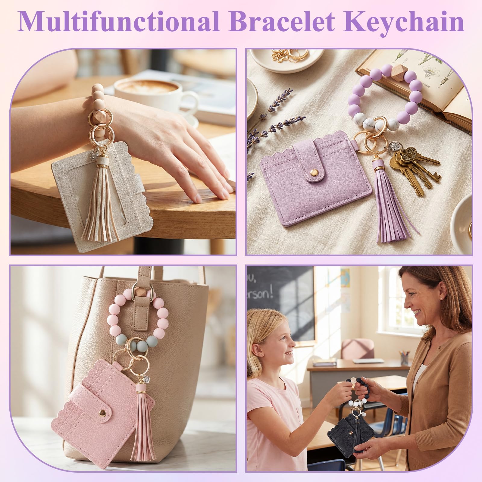 Landical 1/4/6 Set Teacher Appreciation Gift Bulk Wristlet Keychain Bracelet for Women Car Key Chain Thanks Card Giit Bags
