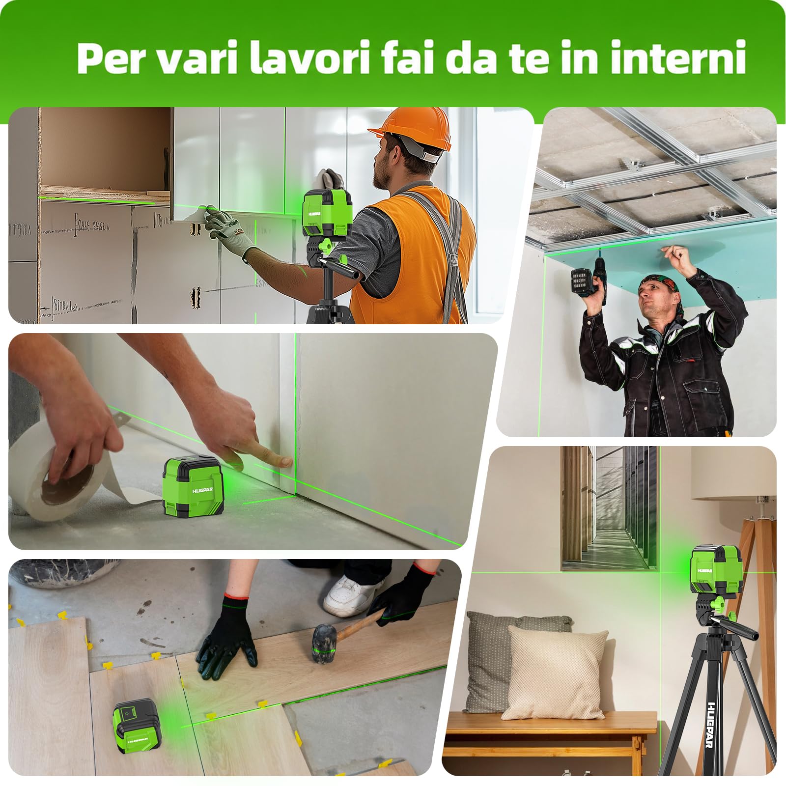 Huepar GK011DG Nivel Láser Autonivelante Verde con Trípode 1,52m, Línea Cruzada Horizontal/Vertical 110°, Alcance 30 m, con Bolsa, Gafas, Placa objetivo y 2 Pilas AA para Bricolaje, Casa, Carpintería