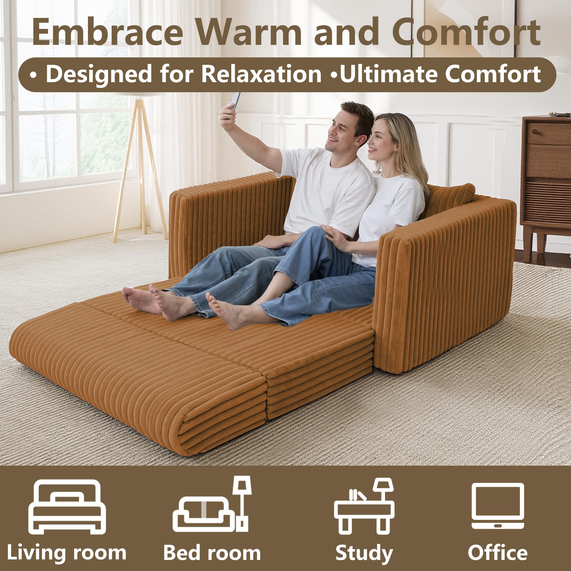 49.8" Loveseat Boneless Couch, 4-in-1 Convertible Sofa Bed, Plush Fur Folding Futon Sofa Bed Couches Without Pillow for Living Room, High-Density Foam Support, No Assembly Required, Orange