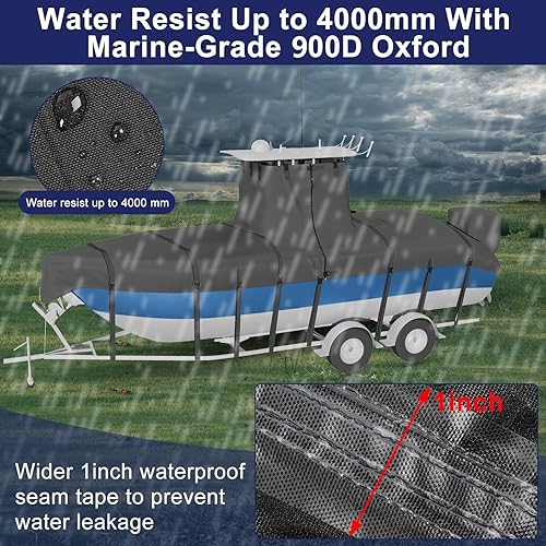 Miniatura 5 de Cubierta de barco 900D resistente para consola central de 22 pies a 24 pies de largo con techo superior en T, cubierta de barco remolcable 100%