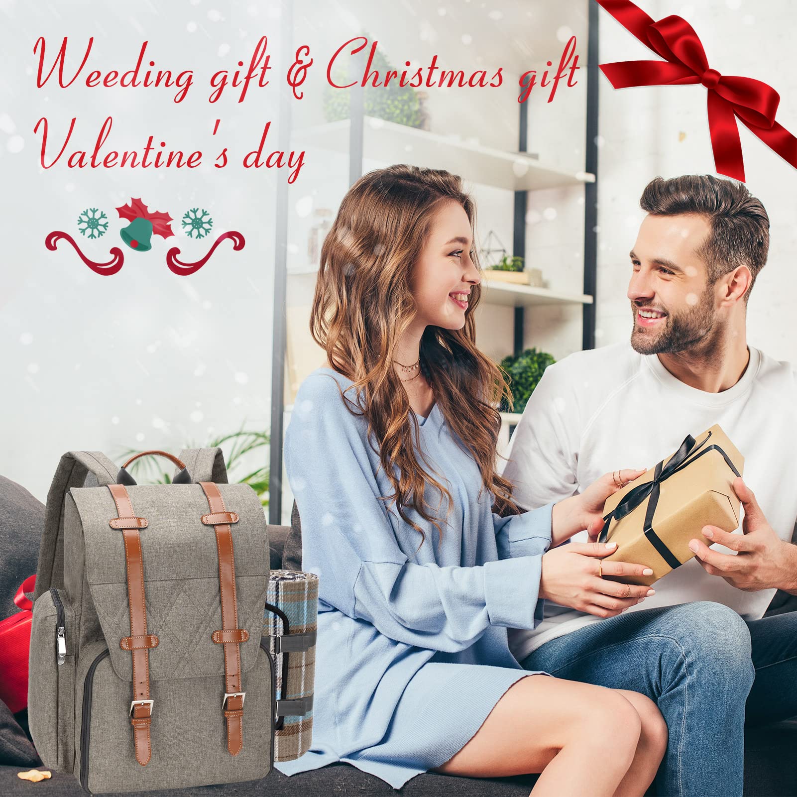 Picnic Backpack for 4 Person with Large Insulated Cooler Bag, Picnic Basket Set with Wine Pouch,Waterproof Picnic Blanket & Cutlery Set. Perfect for Beach, Camping, Party,Wedding Gift for Couple,Brush