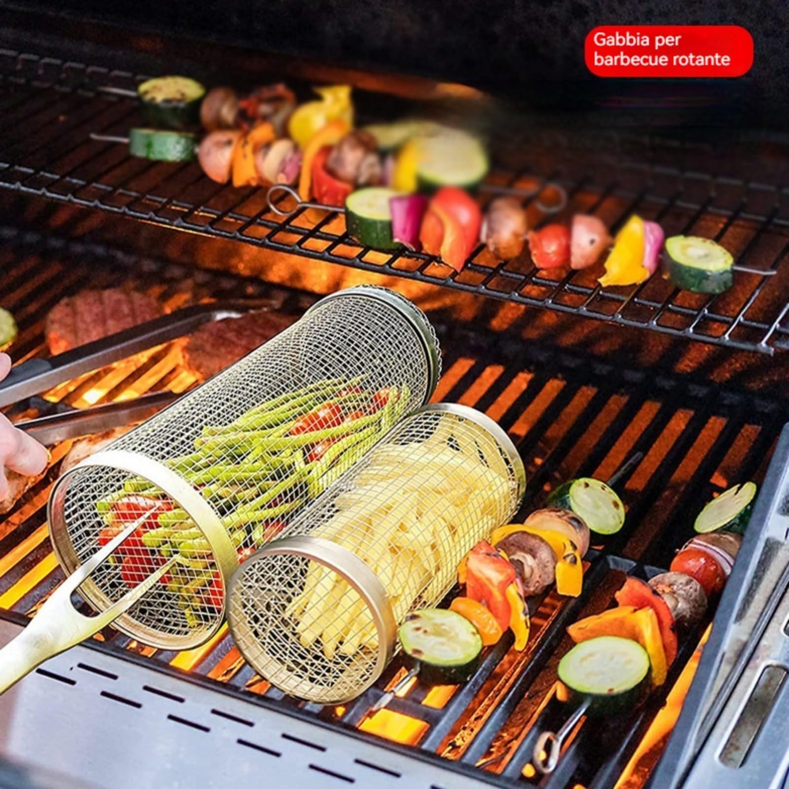 Cestello per barbecue rotante in acciaio inox, cestello cilindrico per barbecue, cestello portatile per barbecue da campeggio, adatto per grigliare verdure e carne, accessorio da cucina multifunzional
