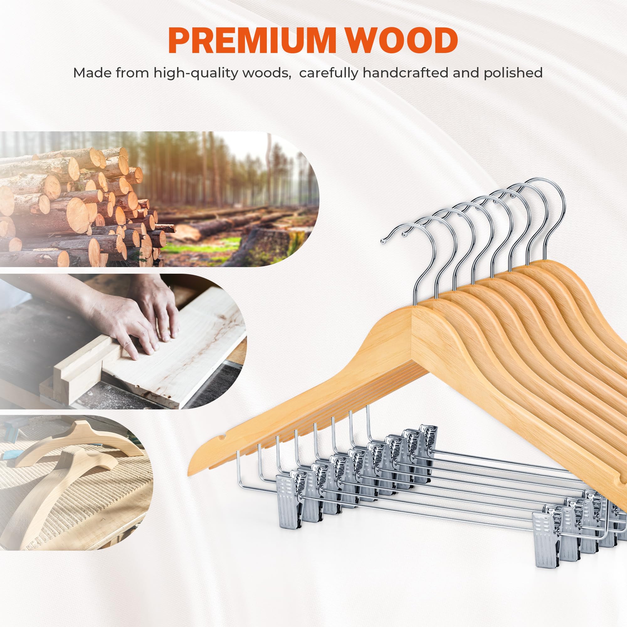 HOUSE DAY Grucce in legno con clip, confezione da 24, grucce in legno massello per pantaloni, finitura liscia naturale, con clip in metallo resistente, per camicetta, vestiti, cappotti, giacche