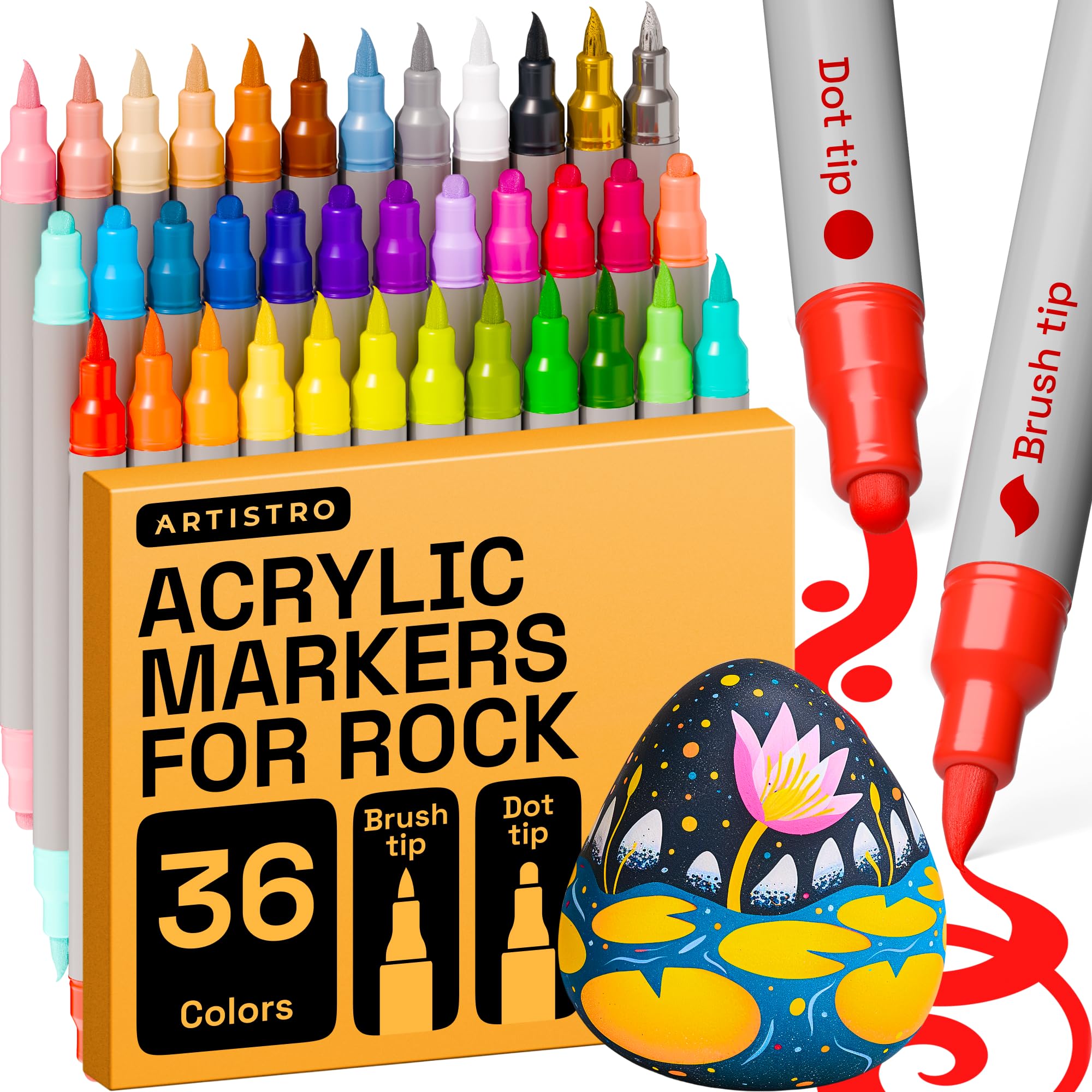 ARTISTRO Acrylic Paint Pens, Acrylic Paint Markers Dual Tip Markers, Acrylic Markers for Fabric, Canvas, Rock, Glass, Wood, Paper, DIY, Paint Markers (Dual Tip Dot + Brush, 36)