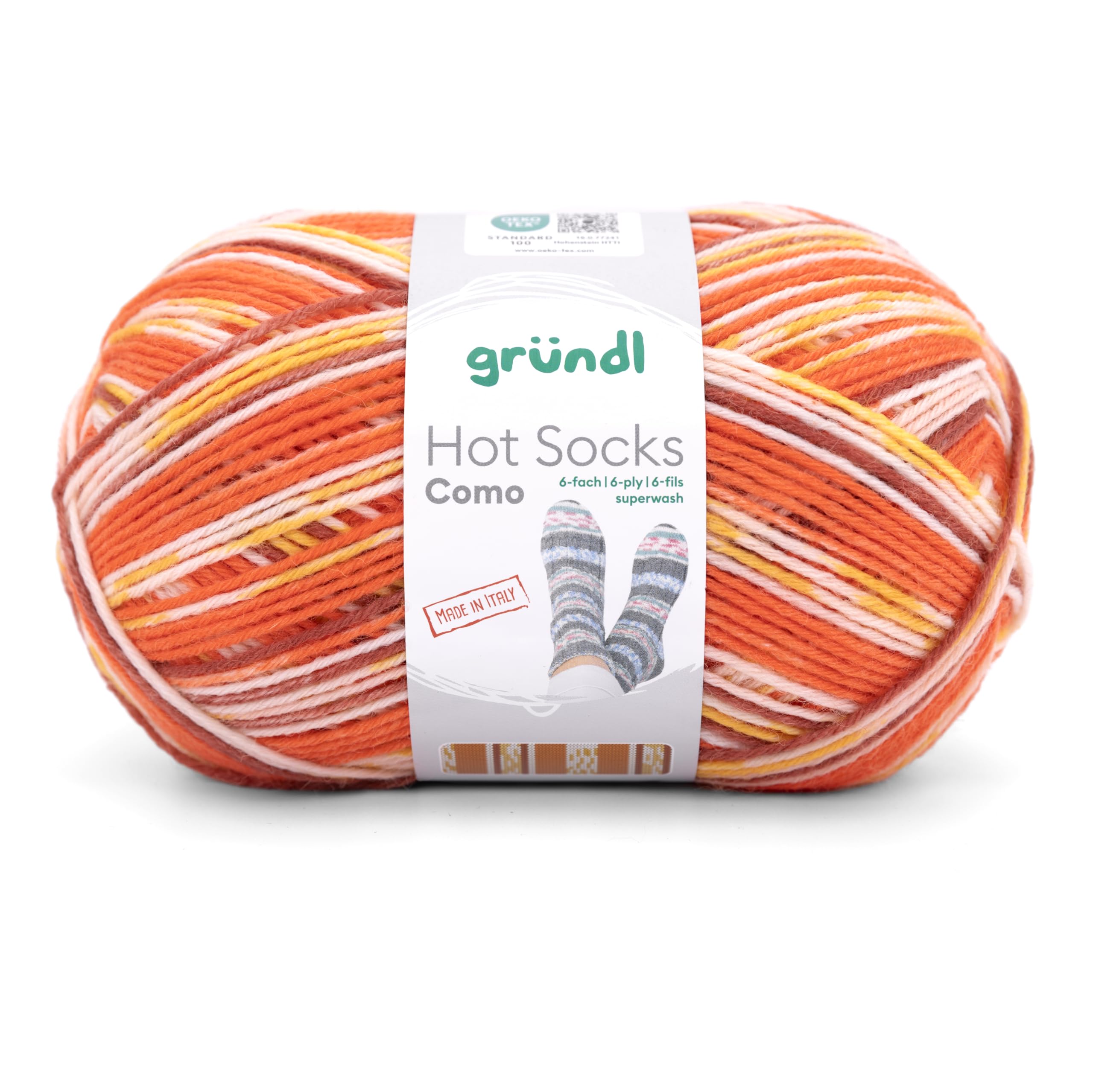 Gründl Wolle Hot Socks Como 6-fach - Sockenwolle für 1 Paar Socken - Sockengarn - Weich und hautfreundlich - 75% Schurwolle, 25% Polyamid - 1 Knäuel 150 g / 420 m -Nadelstärke 3-4 - kürbis-camel