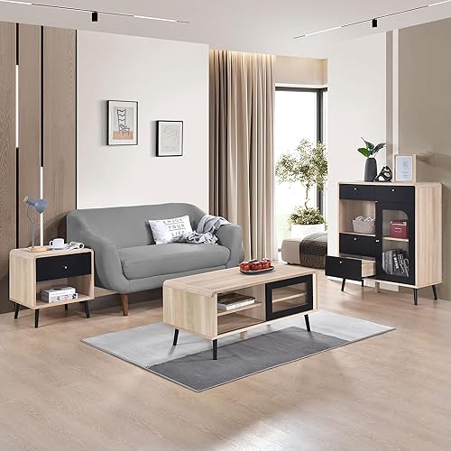 Kings Brand Furniture Nathan 3-Piece Living Room Set – Sideboard Cabinet, Coffee Table & End Table – Modern Storage Furniture for Dining Room, Bedroom, Office & Entryway, Oak/Black Finish